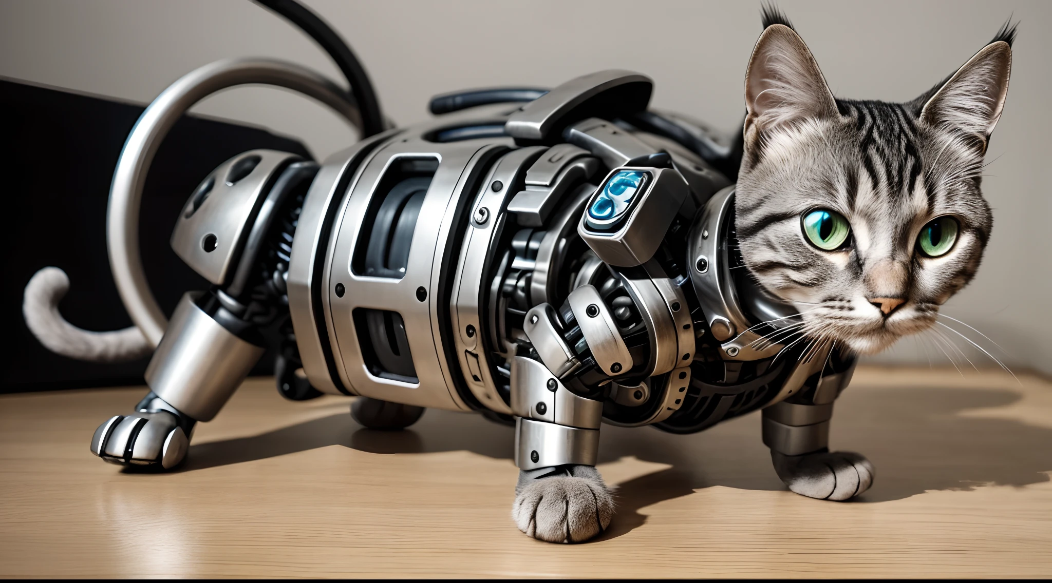 cute cyborg cat, half made of metal