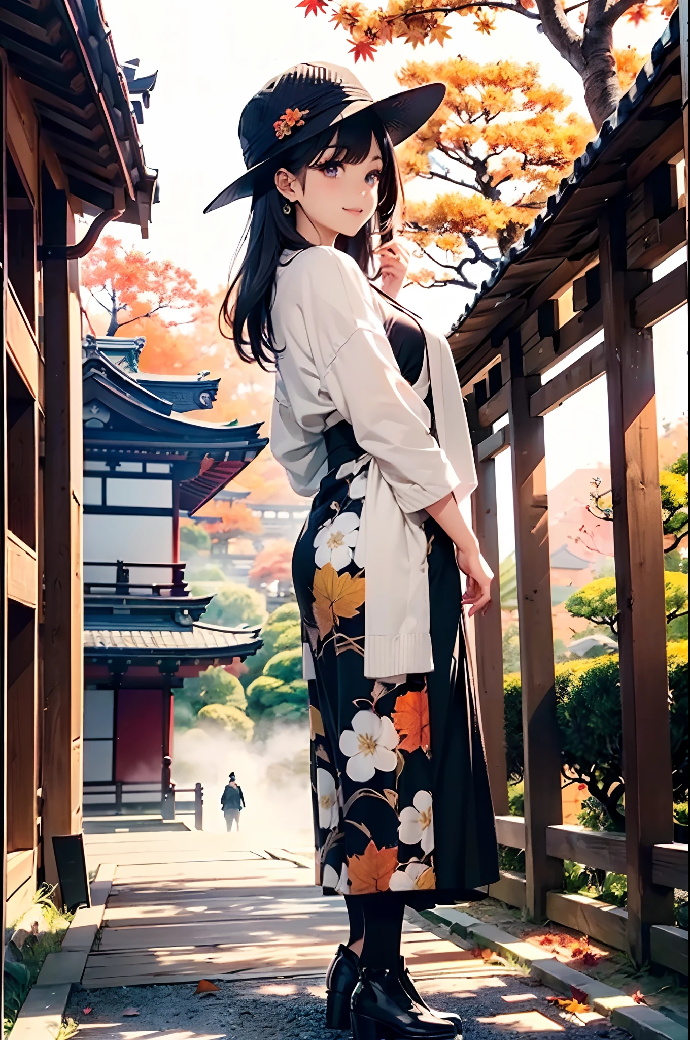 (Official art、Best Quality、Unity 8k Wallpapers、32K、​masterpiece、ultra-detailliert、超A high resolution、realisitic、Photorealsitic:1.2)、(Cinematic lighting:1.2)、Fireglow effect、film grains、Best Shadows、Rim lighting、side lights、(Ultra-detailed and complex 3D rendering)、Detailed beautiful face and eyes、(Full body:1.2)、(sideshot、Looking away:1.2)、(Mystical)、Highly detailed background、beauitful face、blurry backround、(super detailed skin、detailed skin textures:1.3)、(Kikoyo、Colored leaves、Autumn landscape:1.2)、cowboy  shot、Sharp pupils、Realistic pupils、shinny skin、beauitful face、blurry backround、20-year-old beauty、Beautiful shiny black hair、Longhaire、Gray eyes、Hats、Smile with open mouth、Maxi skirt with a floral pattern、beauty legs、Knitted tops、foco nítido、(kyoto、Kinkakuji Temple:1.2)、In the morning fog
