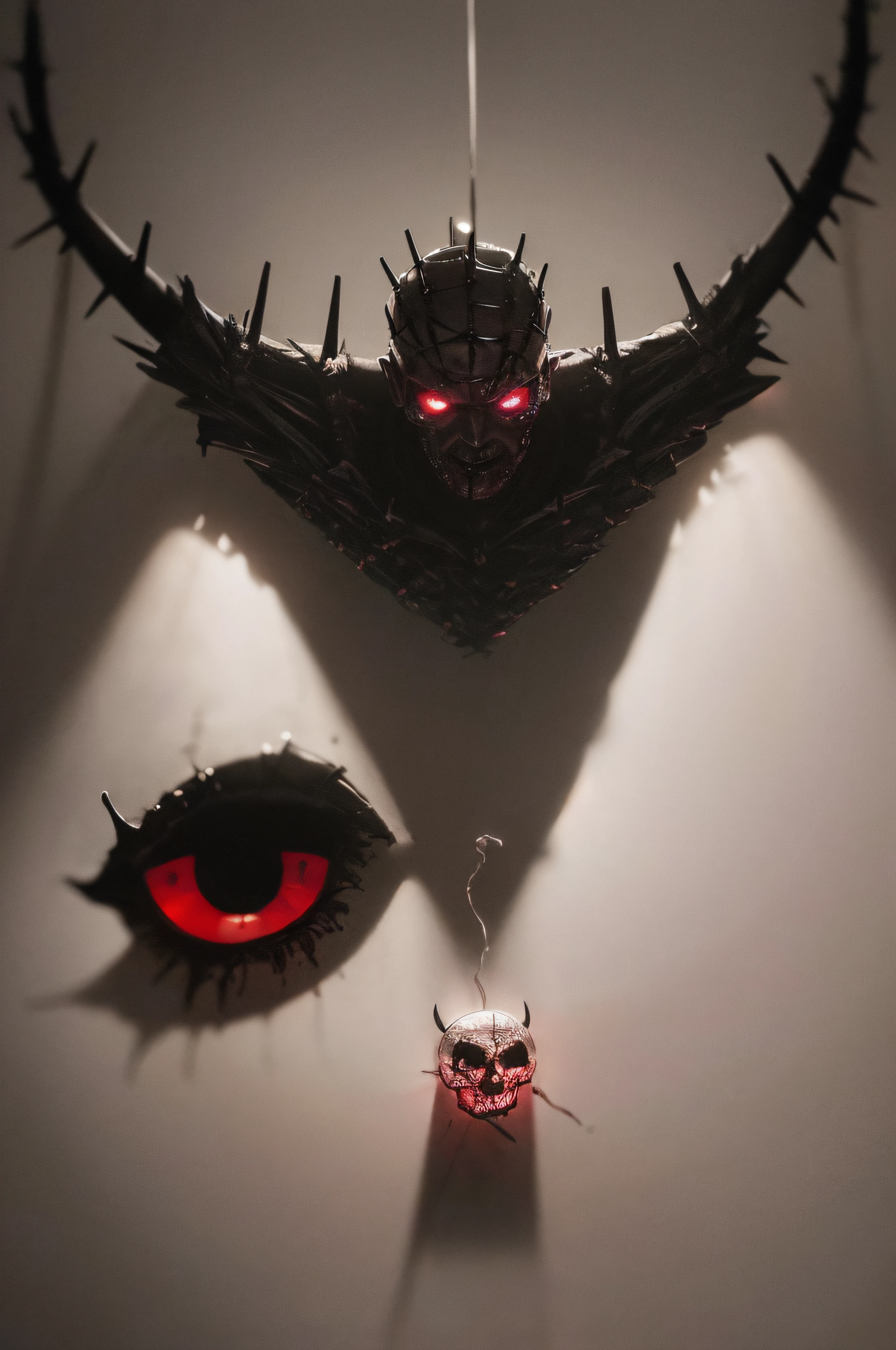 "(The best lighting, oscuro, dramatic),(feto calavera alien, Hellraiser, Cicatrices, , sexy, cerebro, sangre, una rata dentro de la cabeza, terror.),(ojos rojos, calaveras). morning light.