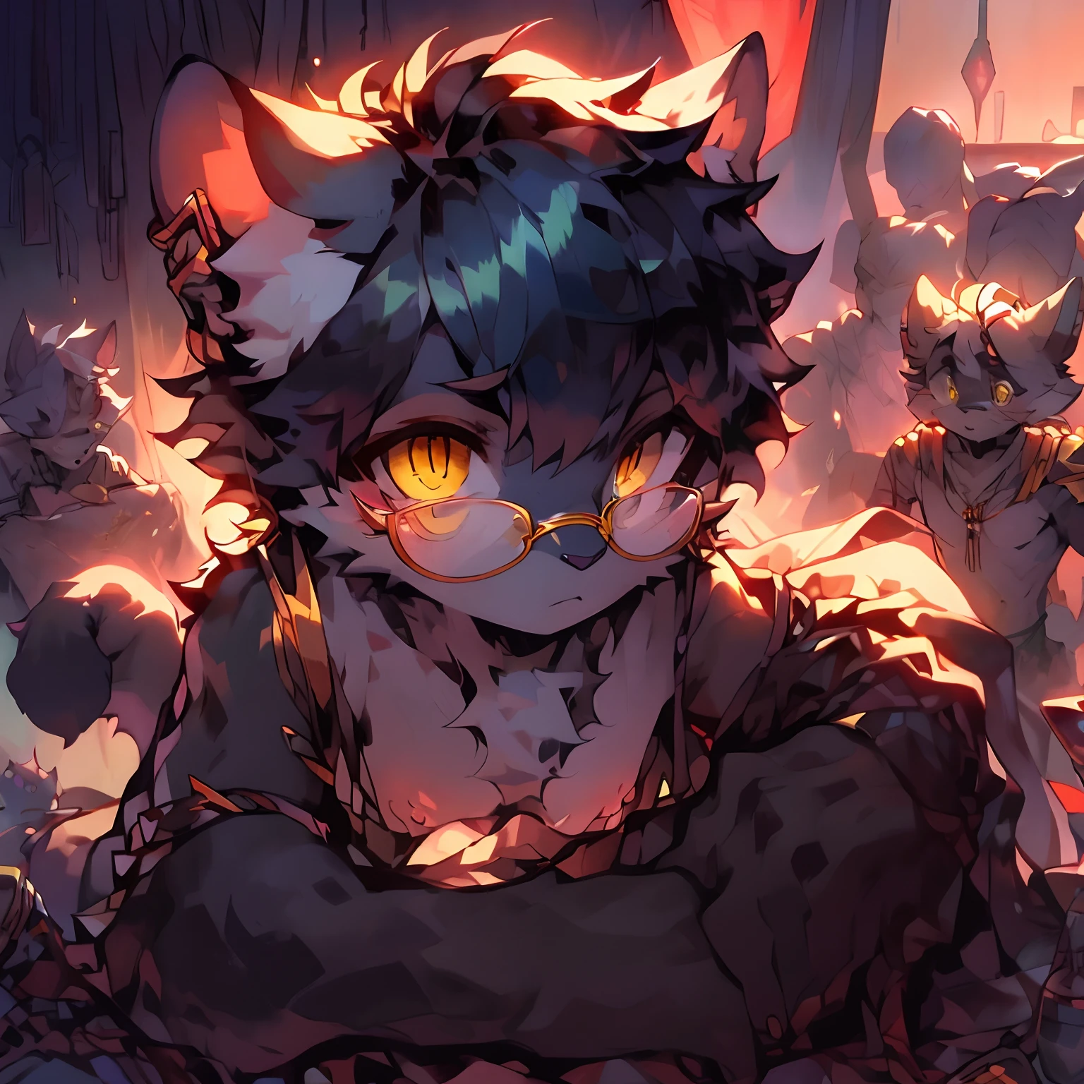 furry,hairy chest,Shota,Male cats,Black and white fur,Golden eyes,Wearing round-framed gold wire glasses,,Wearing a berets,Exercise in the room,Natural light,detailedbackground