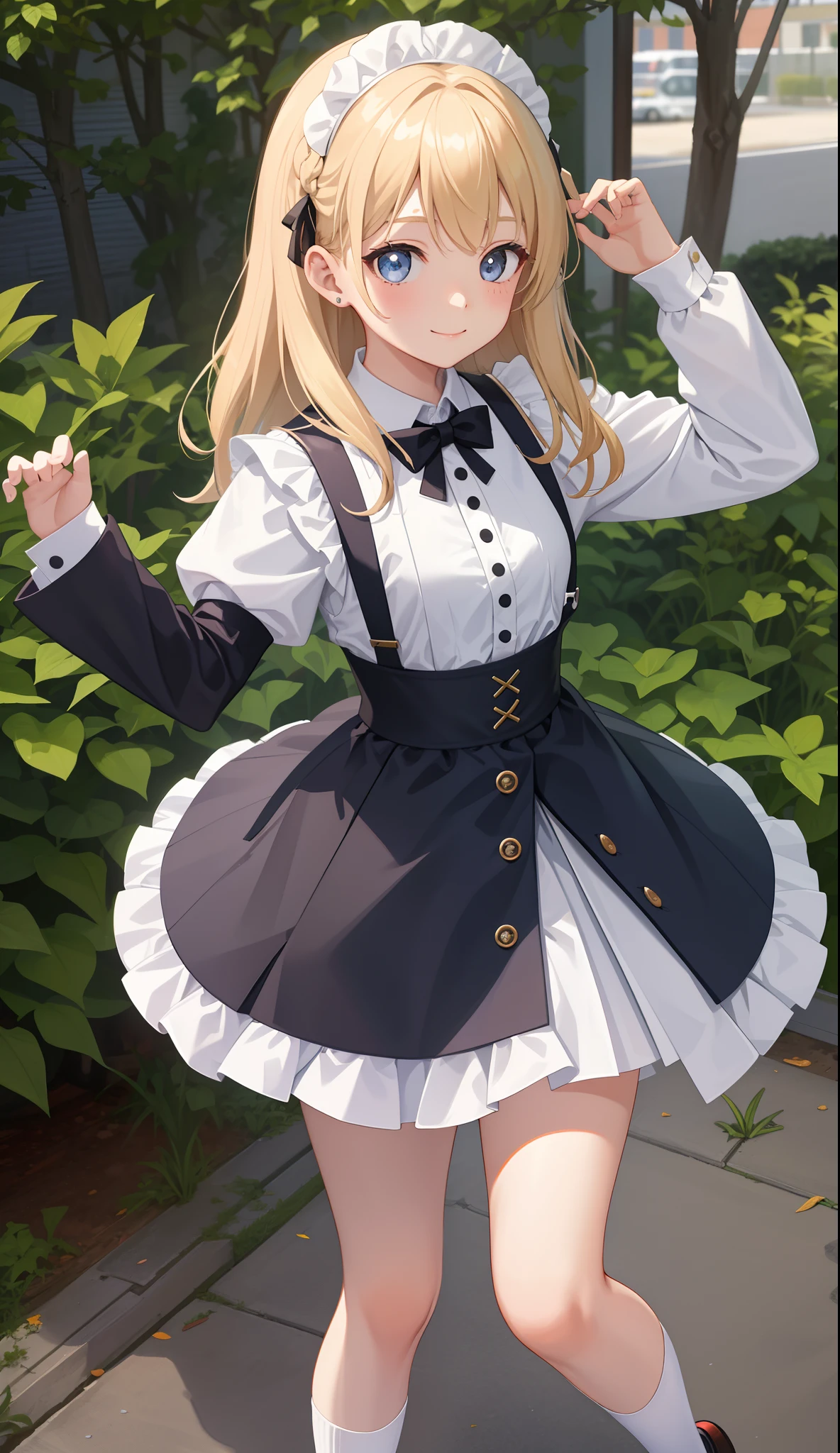 1girl in、AS-Adult、A smile、The shirt、Mini skirt、pantiy、(small tits)、doress、pinafore、Hair decoration、(Maid costume)、Walking with a thigh、Upper body portrait、