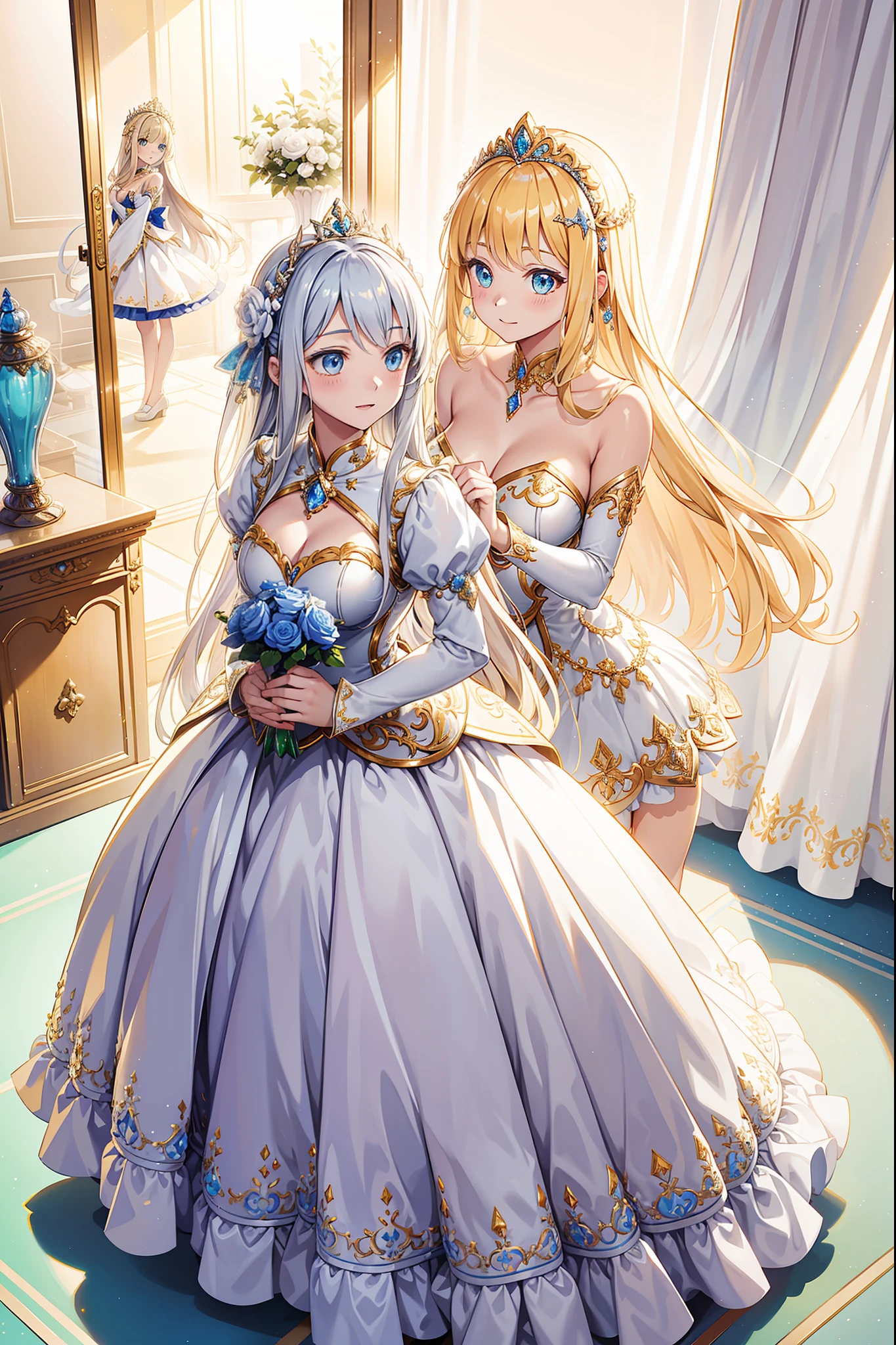 teens girl，divino，Enchanted，Enchanted，blond hairbl，having fun，Being in love，White and yellow princess dress，Silver Crown，intricate detailed clothes，(Diamond decoration)，Royal motif，swim wears，inside in room，(Shine:1.2), (Best quality), (Masterpiece:1.2)，Beautiful detailed face，There are colorful gemstones on the skirt