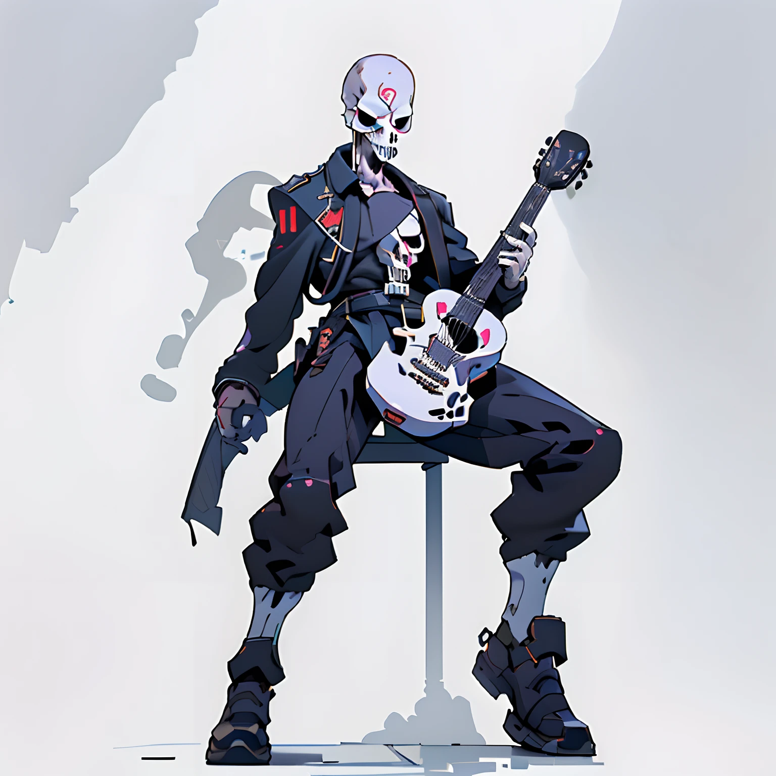 masutepiece, Best Quality, 4K, 超A high resolution, ultra-detailliert, High resolution, Ultra HD, sophisticated details, Backlight, ((Full body shot)), ((No background)), ((White background)), Man's, Street musician, Play the guitar, guitarist, ((Skull face)), Military uniform, 1 person, chibi