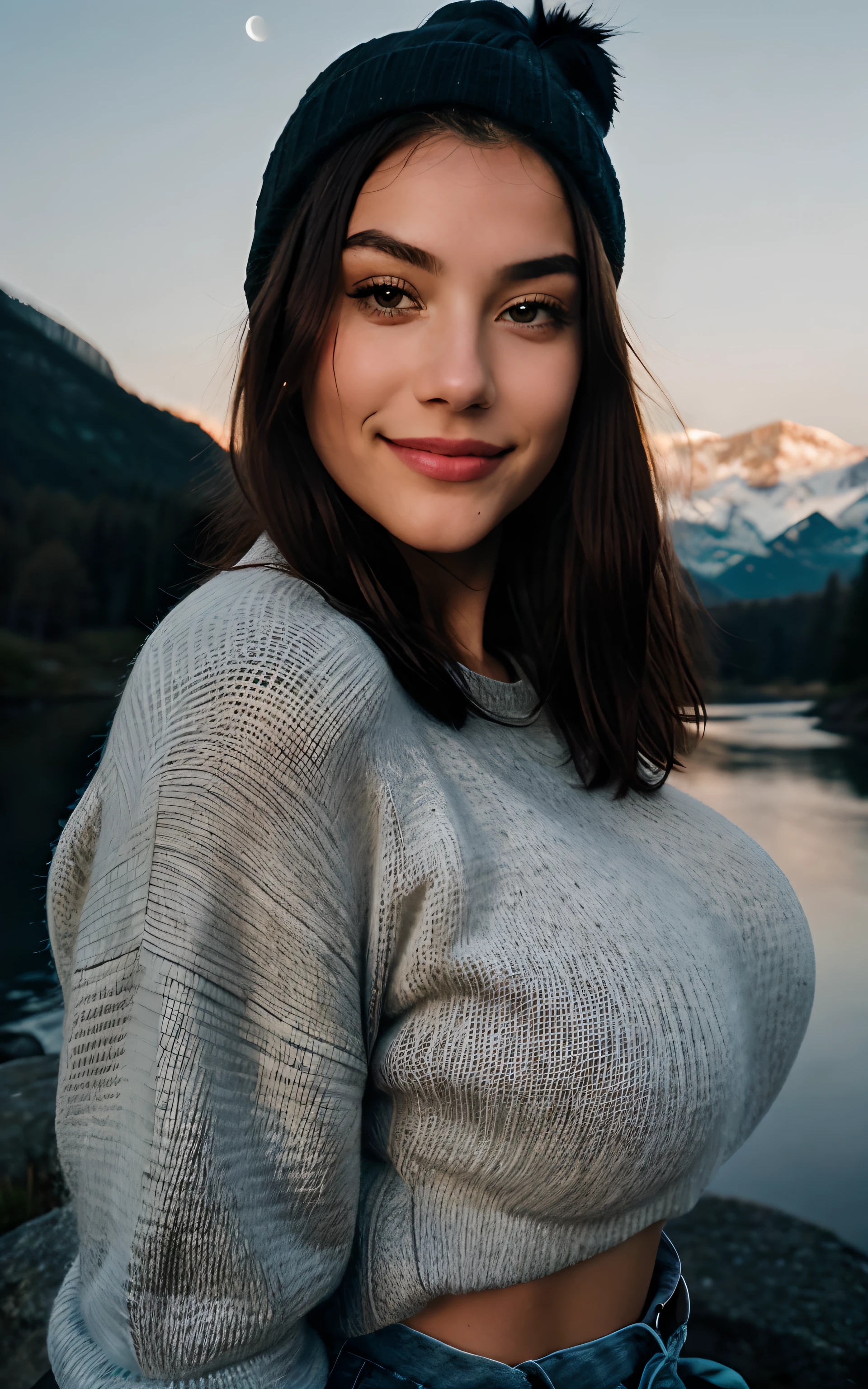 Photorealistic, Best quality, ultra - detailed, Beautiful woman, Selfie Photos, Upper body, Solo, wearing pullover, Outdoors, (Night), mountain scene, The essence of real life, stars, Moon, (Hefty Smile、brunette color hair、、cheerful big breasts, cheerfulness), Beanie, flash lights, forest, Boulders, River, wood, Smoke, Heavy fog, Crystal clear sky, analogue style, view the viewer, Skin texture, filmgrain, Close up, 超A high resolution, Best shadow, primitive, Instagram LUT