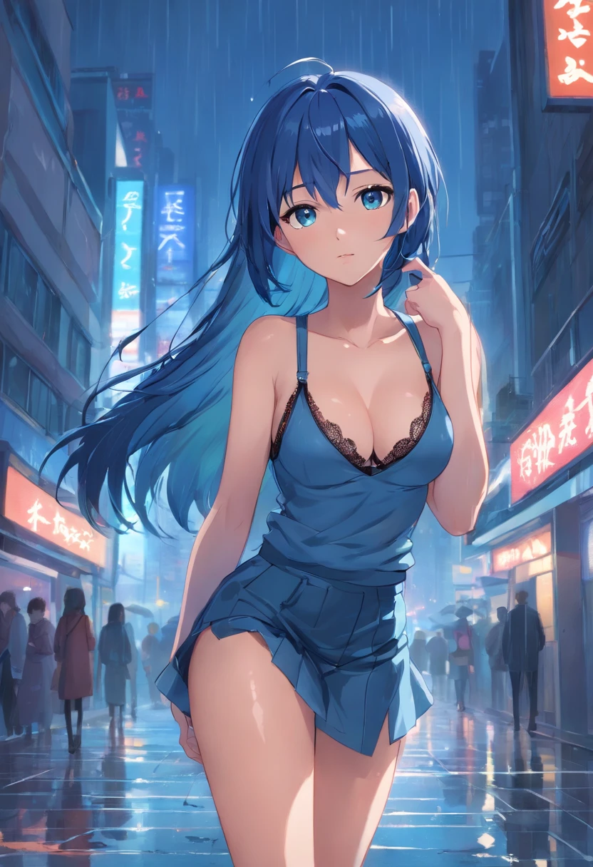Girl standing in heavy rain, Night in the yard, Skyscraper lights, Wet characteristics, Wet clothes, Sadness Face, Tears on her cheeks, The sadness on her face, Blue hair, Blue eyes, negative:Crooked fingers, Thick legs, Incorrect body posture 4K,Masterpiece,Best quality))]，Girl group，dance，lamplight，Girl group dance，spread their legs，Spread your legs，Spread your legs，Open gear，Smooth skin, Solo,waist-length hair,，Erotic ，gigantic cleavage breasts，Burst breasts，nedium breasts，Super huge breasts。Super huge，extra very long hair，Black lace stockings，slimfigure，Vest line，Wrinkles，exposing your navel，revealing her belly，Long-sleeved crop top，pleatedskirt，full bodyesbian，dishiveredhair，Orgasmic face，Good face