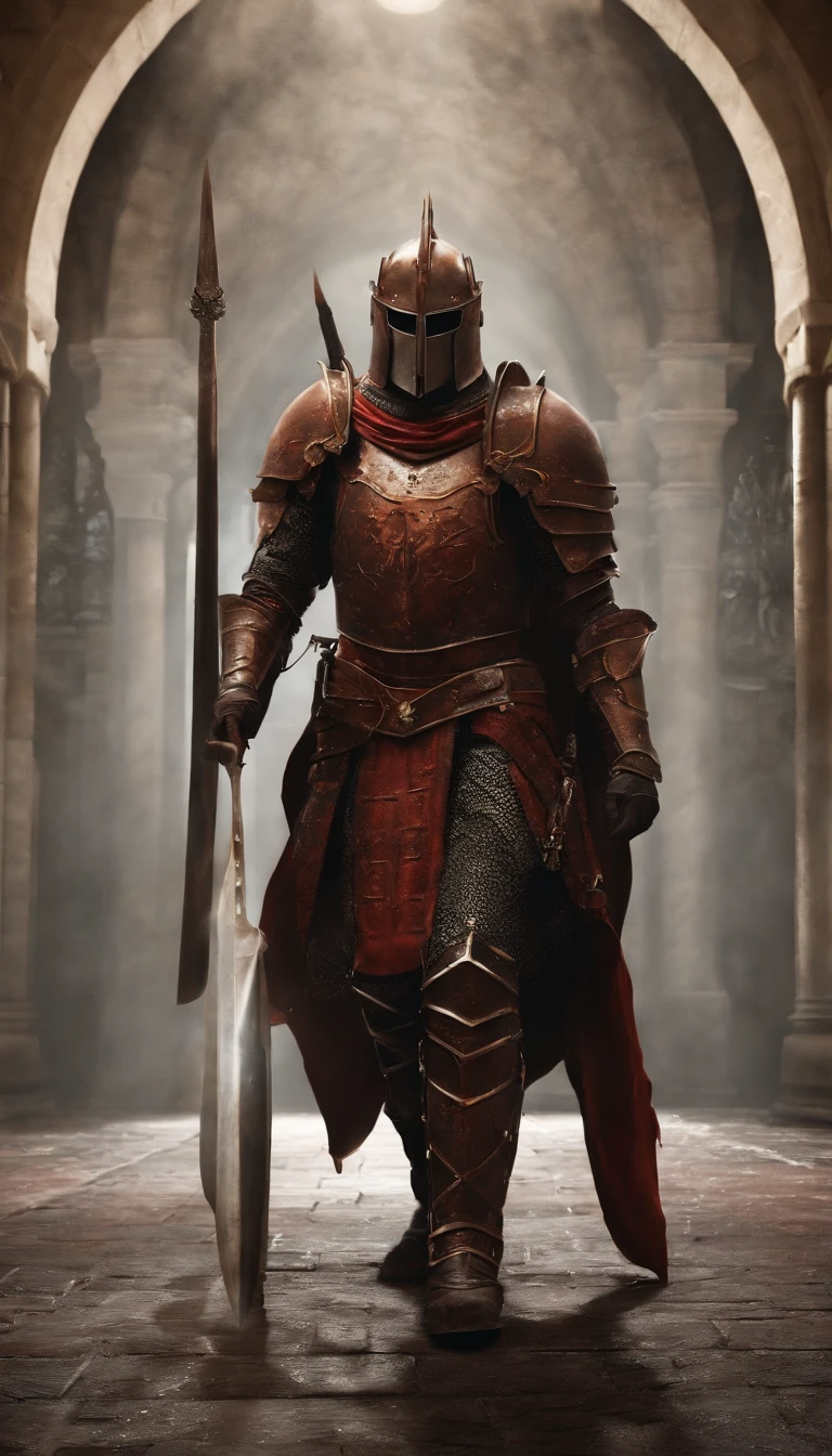 A demon in armor stands in the hall with a sword, full portrait of magical knight, ares with heavy armor and sword, Fantasy warrior in full armor, paladin golden armor,There are demon horns on the helmet，Blood-red glowing eyes，for honor charector concept art, knight armored in red, Epic Paladin armor, Holy medieval knight，fully body photo