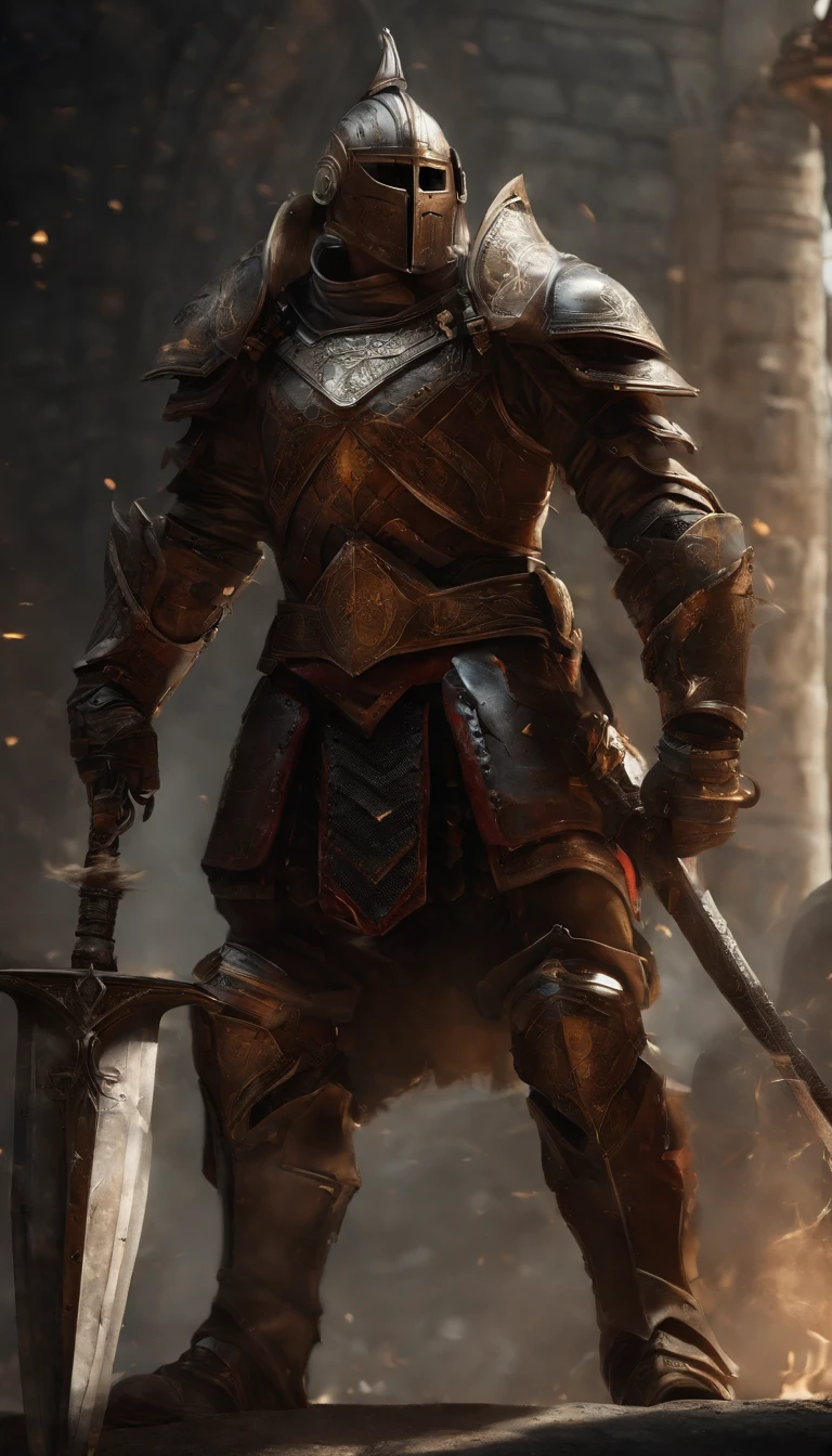 A demon in armor stands in the hall with a sword, full portrait of magical knight, ares with heavy armor and sword, Fantasy warrior in full armor, paladin golden armor,There are demon horns on the helmet,Blood-red glowing eyes,for honor charector concept art, knight armored in red, Epic Paladin armor, Holy medieval knight,fully body photo