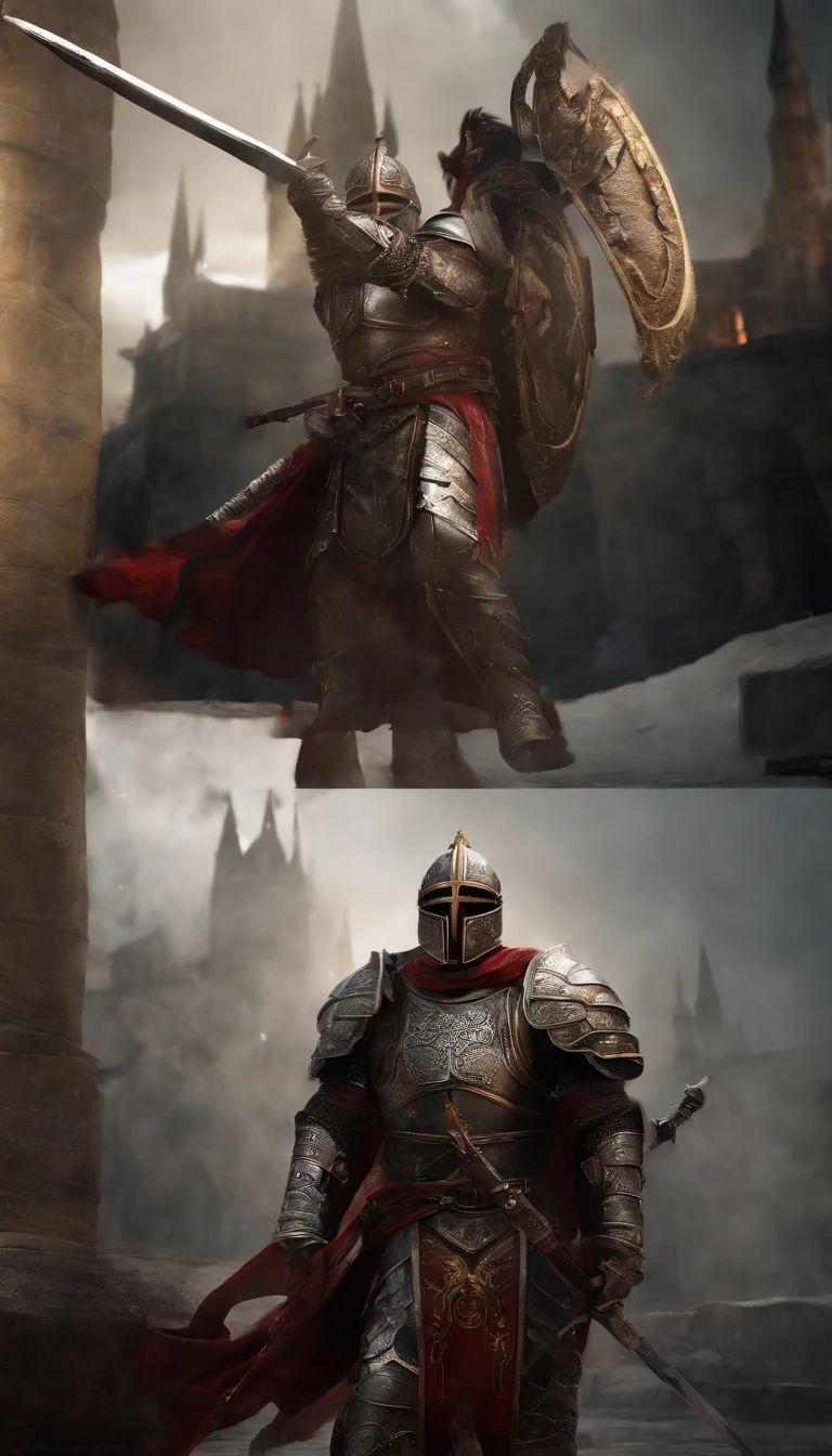 A demon in armor stands in the hall with a sword, full portrait of magical knight, ares with heavy armor and sword, Fantasy warrior in full armor, paladin golden armor,There are demon horns on the helmet,Blood-red glowing eyes,for honor charector concept art, knight armored in red, Epic Paladin armor, Holy medieval knight,fully body photo