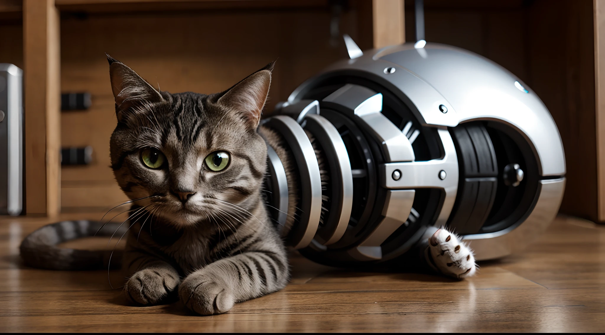 cute cyborg cat, half made of metal