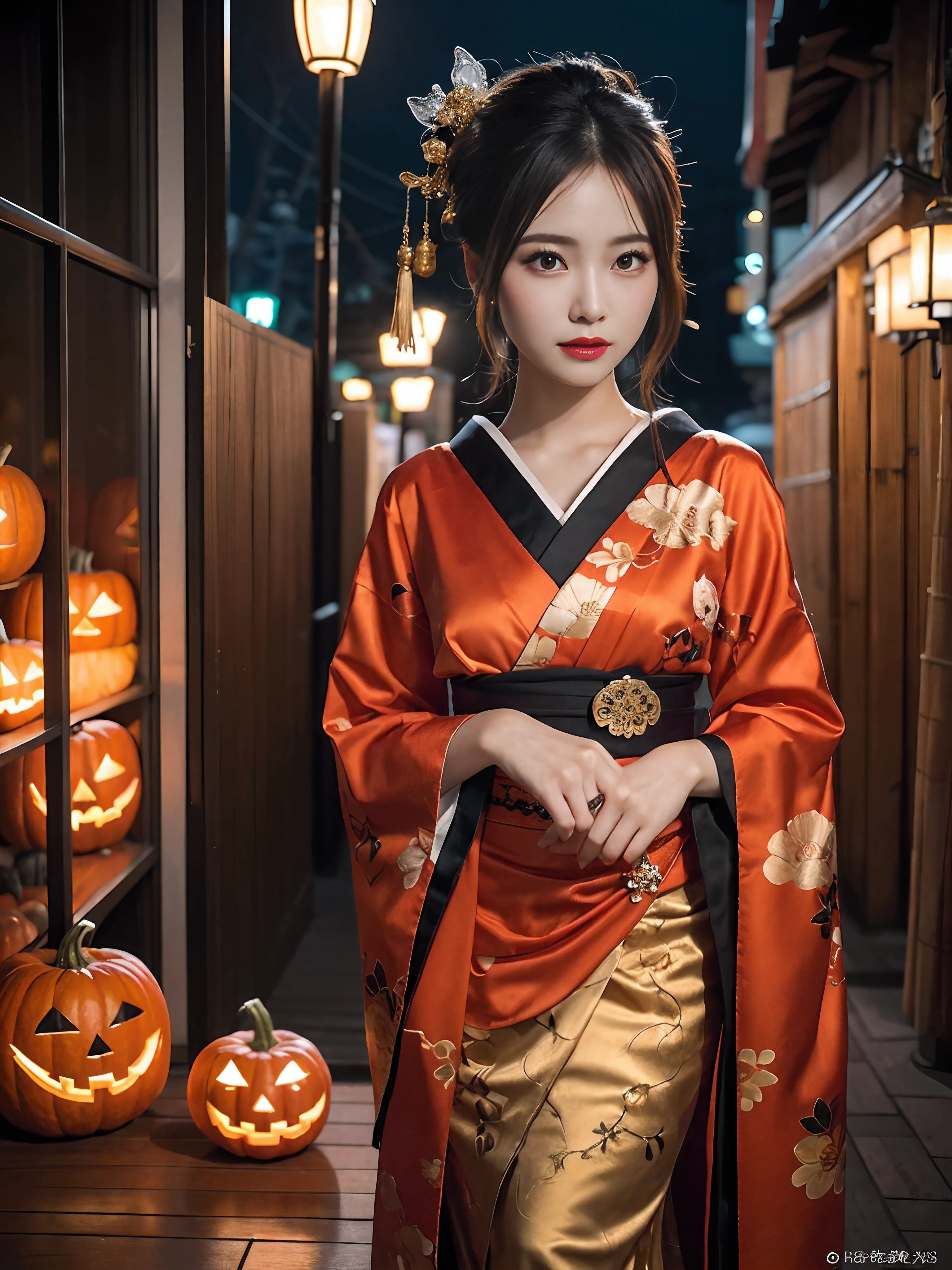 In a futuristic scene, Geisha in Japan with mechanical reinforcement、Elegant in elaborate gardens. She has beautifully detailed eyes and lips that complement her face. Geishas wear traditional kimonos with intricate patterns and designs. Night city and Halloween decorations around her. The scene is painted with a blend of illustration and photorealism, Ultra-detailed brush strokes and clarity, Vivid colors. Lighting emphasizes the elegant features of the geisha, Gives her porcelain skin a soft glow. Artwork is of the highest quality, 4K or 8K resolution, Showcase the intricate details of geisha attire, nightcity、Halloween. The overall color scheme is、It is a combination of traditional shades of Japan, Crimson, etc., blacks, and subtle gold accents, With a futuristic twist. The fusion of ancient traditions and modern technology is、Create captivating and visually striking masterpieces.Halloween、Halloween、pumpkins、Background Halloween
