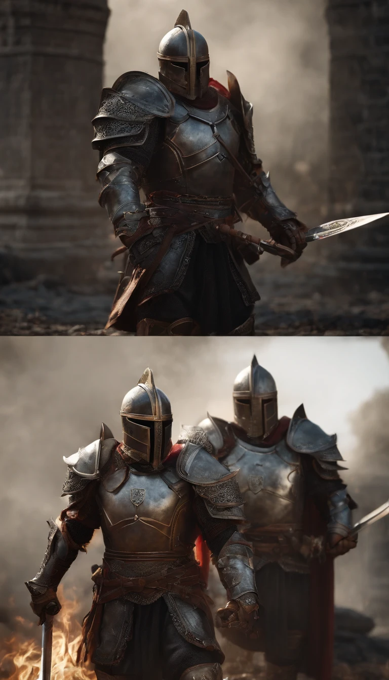 A demon in armor stands in the hall with a sword, full portrait of magical knight, ares with heavy armor and sword, Fantasy warrior in full armor, paladin golden armor,There are demon horns on the helmet，Blood-red glowing eyes，for honor charector concept art, knight armored in red, Epic Paladin armor, Holy medieval knight，fully body photo