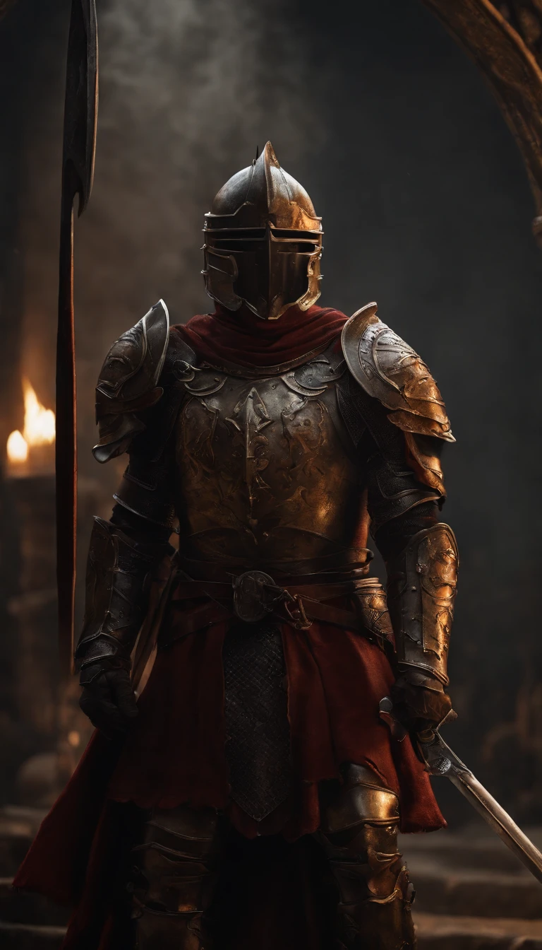 A demon in armor stands in the hall with a sword, full portrait of magical knight, ares with heavy armor and sword, Fantasy warrior in full armor, paladin golden armor,There are demon horns on the helmet,Blood-red glowing eyes,for honor charector concept art, knight armored in red, Epic Paladin armor, Holy medieval knight,fully body photo