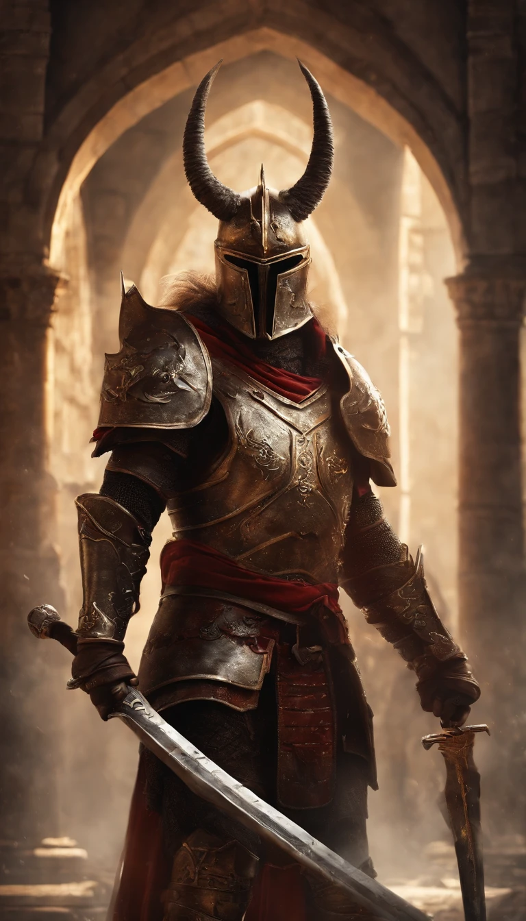 A demon in armor stands in the hall with a sword, full portrait of magical knight, ares with heavy armor and sword, Fantasy warrior in full armor, paladin golden armor,There are demon horns on the helmet,Blood-red glowing eyes,for honor charector concept art, knight armored in red, Epic Paladin armor, Holy medieval knight,fully body photo