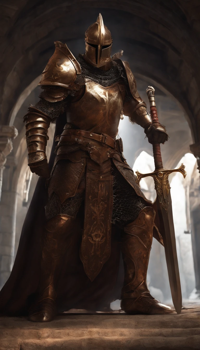 A demon in armor stands in the hall with a sword, full portrait of magical knight, ares with heavy armor and sword, Fantasy warrior in full armor, paladin golden armor,There are demon horns on the helmet,Blood-red glowing eyes,for honor charector concept art, knight armored in red, Epic Paladin armor, Holy medieval knight,on one knee,The blade of the sword plunges into the earth,submit to,fully body photo