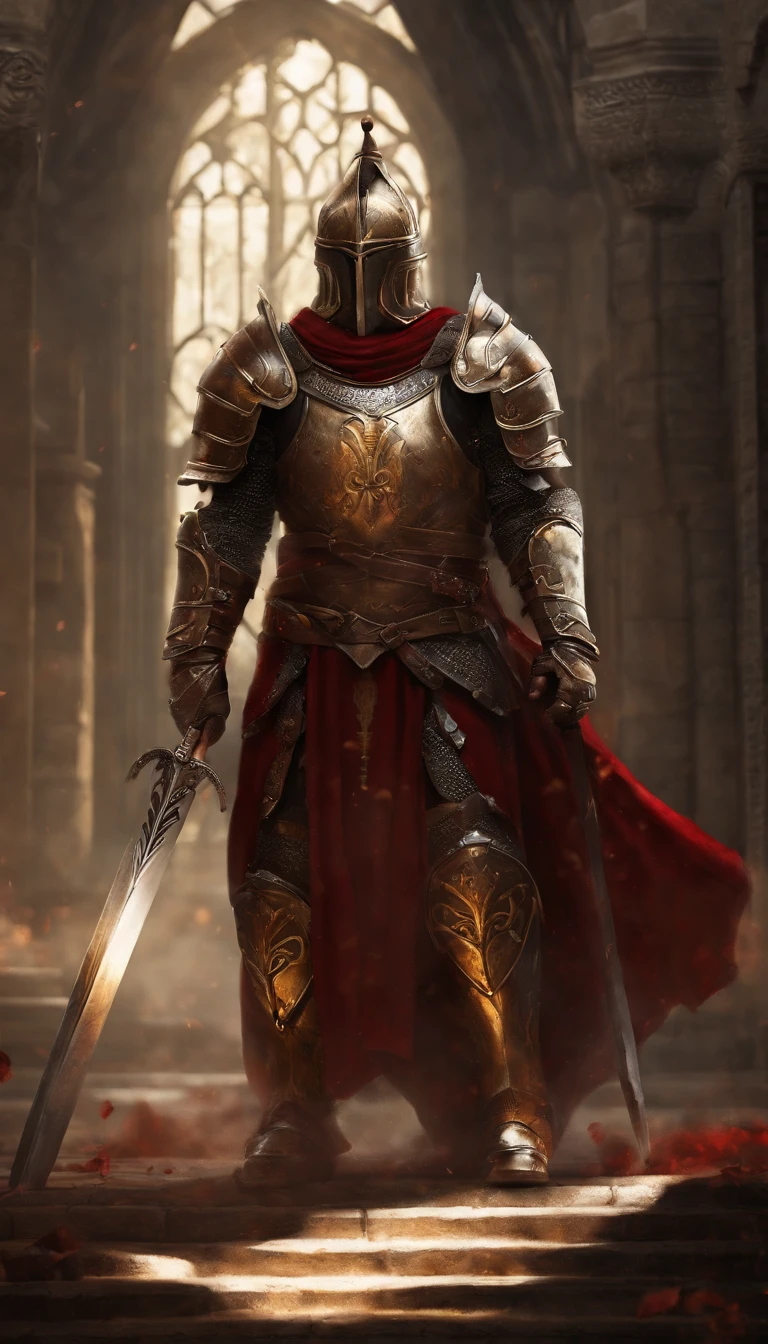 A demon in armor stands in the hall with a sword, full portrait of magical knight, ares with heavy armor and sword, Fantasy warrior in full armor, paladin golden armor,There are demon horns on the helmet,Blood-red glowing eyes,for honor charector concept art, knight armored in red, Epic Paladin armor, Holy medieval knight,on one knee,The blade of the sword plunges into the earth,submit to,fully body photo