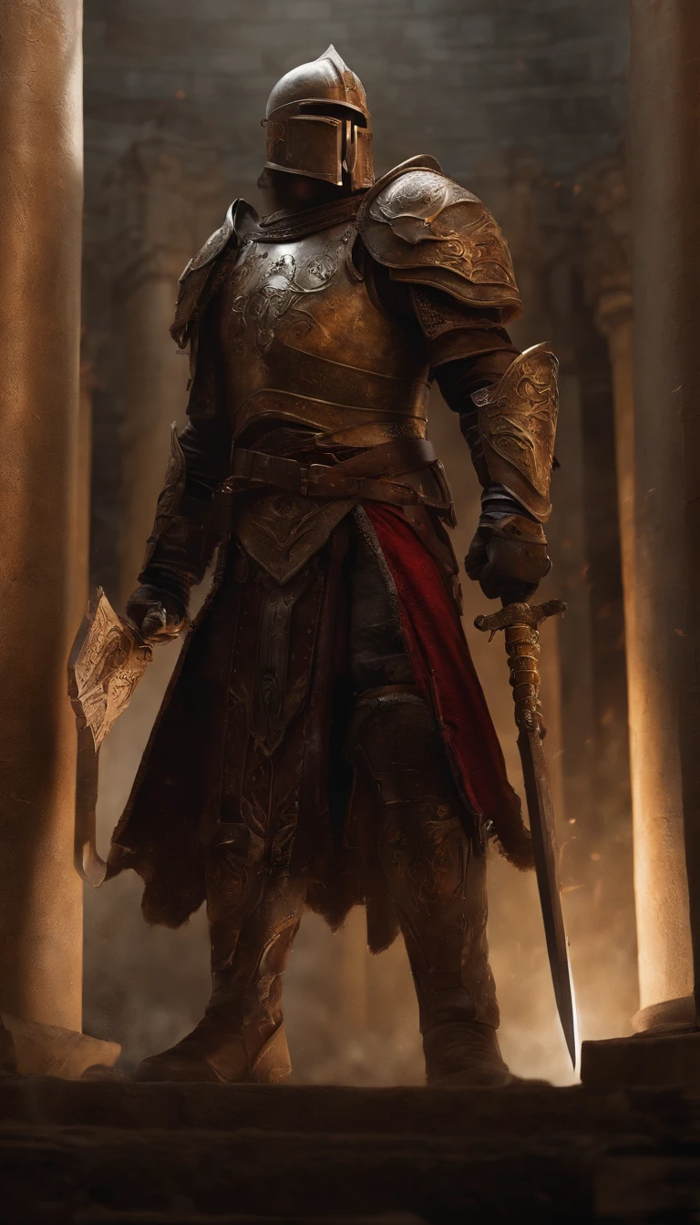 A demon in armor stands in the hall with a sword, full portrait of magical knight, ares with heavy armor and sword, Fantasy warrior in full armor, paladin golden armor,There are demon horns on the helmet,Blood-red glowing eyes,for honor charector concept art, knight armored in red, Epic Paladin armor, Holy medieval knight,on one knee,The blade of the sword plunges into the earth,submit to,fully body photo
