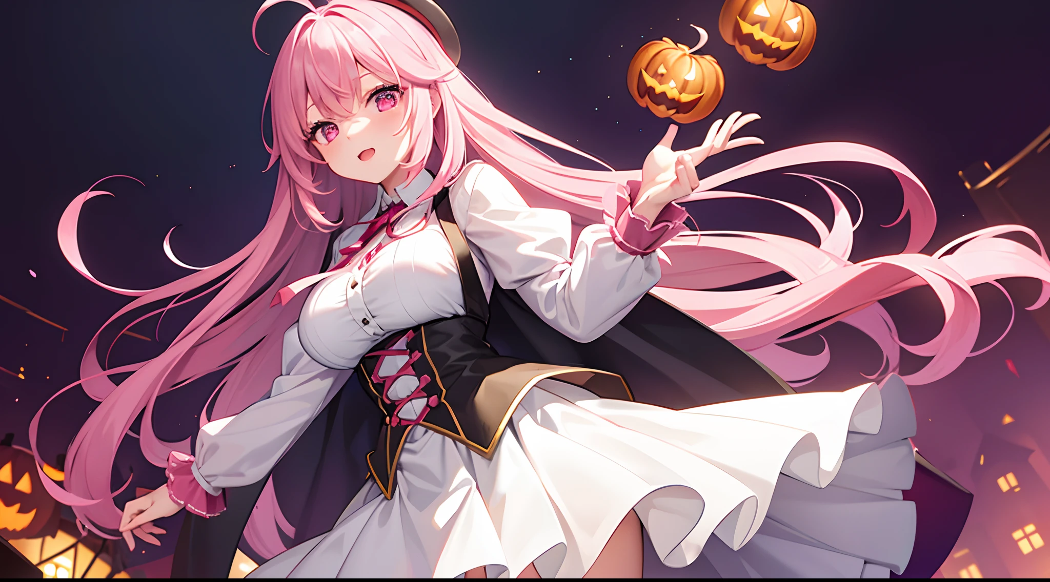 1 girl, game CG, frilled white shirt, short red skirt, cloak, top hat, neck ribbon, gigantic breasts, pink hair, long hair, straight hair, ahoge, pink eyes, Halloween background,