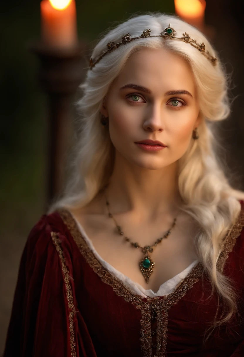 (((a deep reddish wound crosses her left cheek))) fair complexion, woman around 19 years old, natural white hair, distinctive green eyes, wearing kohl, slender and graceful, beautiful, candlelight in a medieval setting, ultra sharp focus, realistic shot, medieval female clothes, tetradic colors (scar:1.4)