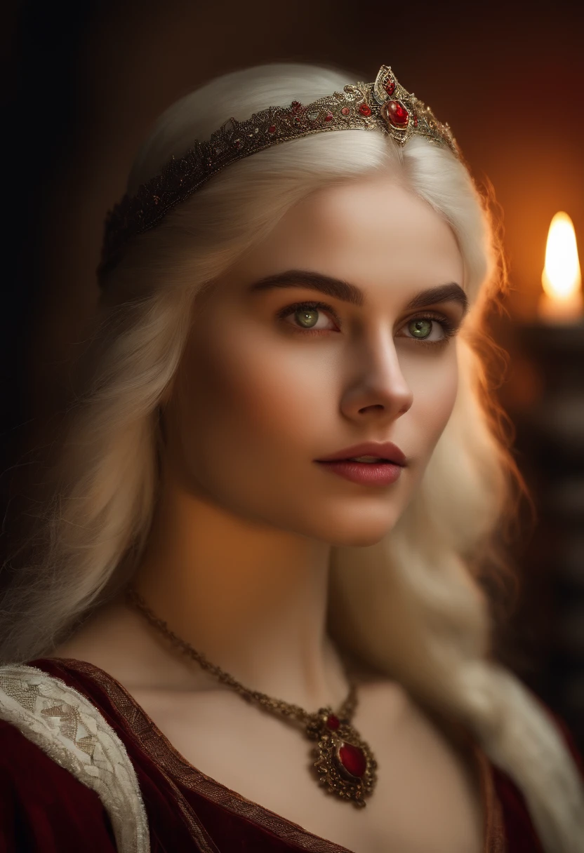 (((a deep reddish wound crosses her left cheek))) fair complexion, woman around 19 years old, natural white hair, distinctive green eyes, wearing kohl, slender and graceful, beautiful, candlelight in a medieval setting, ultra sharp focus, realistic shot, medieval female clothes, tetradic colors (scar:1.4)