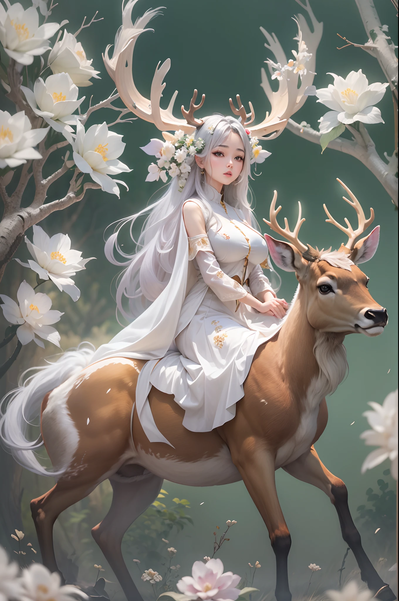 (masterpiece), (best quality), 8k resolution, 1girl, Asian girl, stunning beauty, perfect face, big breast, mature female, 20yo, sexy, deer ear, huge deer horns, long hair, white hair, riding a deer, simple background, full body, deer body, white flowers at background