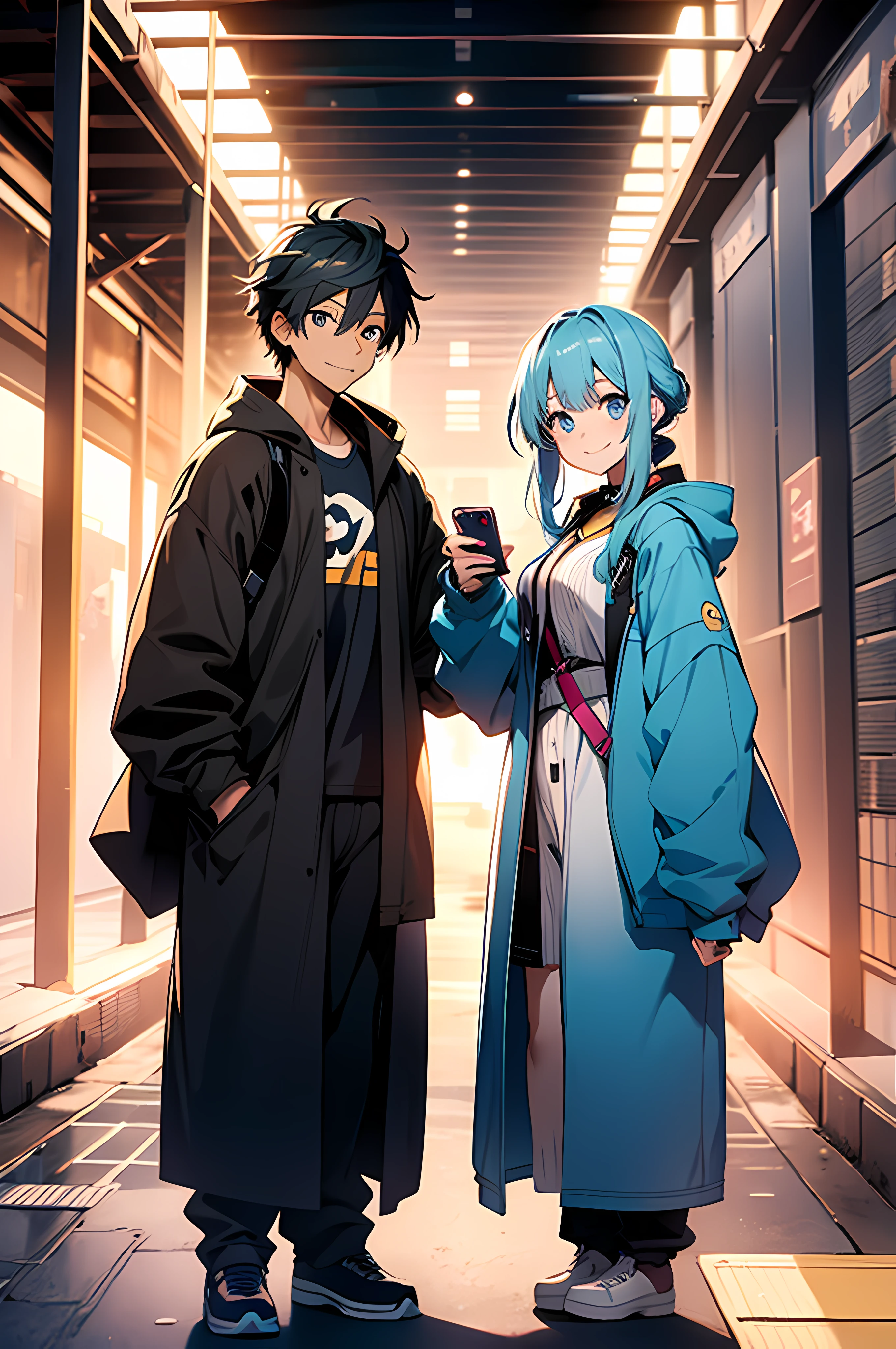 a couple of anime characters standing next to each other and happily posing for a picture (Boy and Girl), a blue vibrant color pallet, lightly smiley faces, casual clothes, 8k, high quality, ray tracing, looking at the camera, holding phones