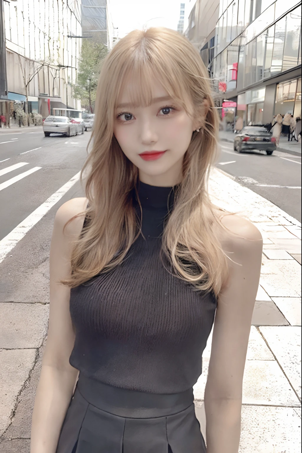 (Best Quality, masutepiece, Ultra HD: 1.3),(Realistic),Hyper-Realism,blondehair,eye make up:0.5,Pure bangs,hide one's hands,Black tight skirt,Black tops,Delicate lips,(beautidful eyes),(slender figures),thin blush,View here,in the city street,a smile,smil