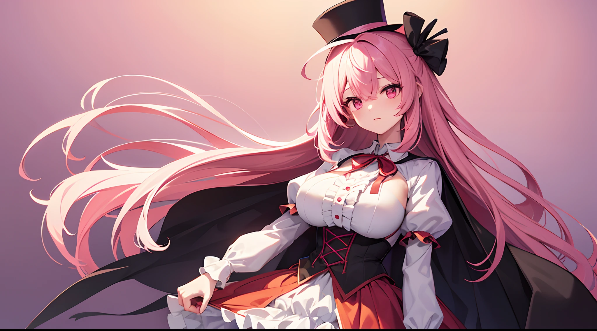 1 girl, game CG, frilled white shirt, short red skirt, cloak, top hat, neck ribbon, gigantic breasts, pink hair, long hair, straight hair, ahoge, pink eyes, Halloween background,