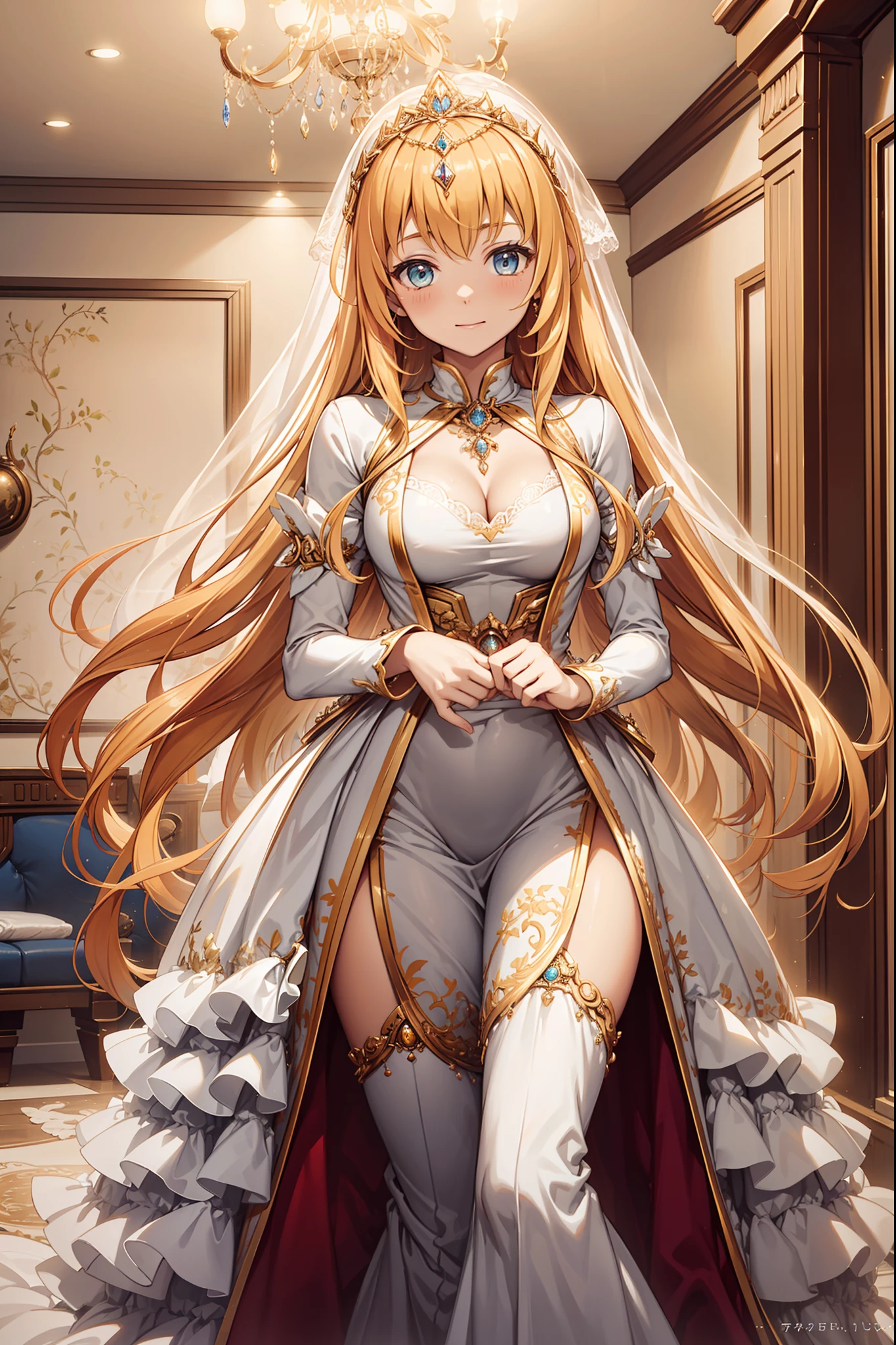 teens girl,Enchanted,opulent,Being in love,divino,(Yellow and white princess dress:1.3),blond hairbl,eBlue eyes,princess tiara,Maximalism,Multiple layers of delicate ruffles,Lots of lace,(Lines on clothes:1.2),(exquisite costumes:1.1),(Multi-layered skirt),Princess Crown,see-through transparent clothes,Beautiful detailed face,Bedroom scene in Western mythology,Movie lighting,the night,solo person,metal decoration,Lace,(Shine:1.2), (Best quality), (Masterpiece:1.2),(Gold ornaments:1.1)
