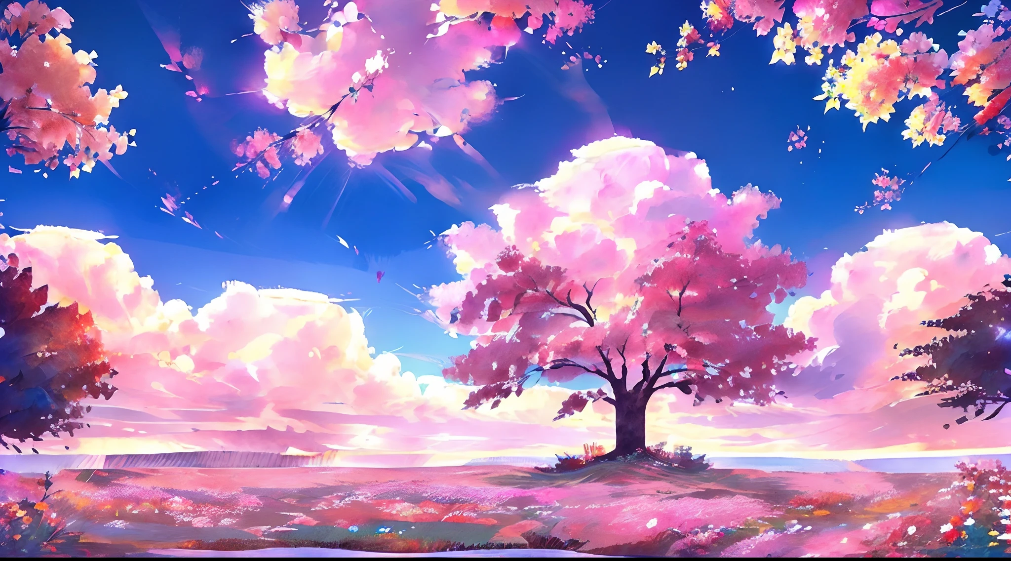 Plain of colorful flowers、One big cherry tree、fantastic landscape、Landscapes delicately expressed in detail、realistic representation