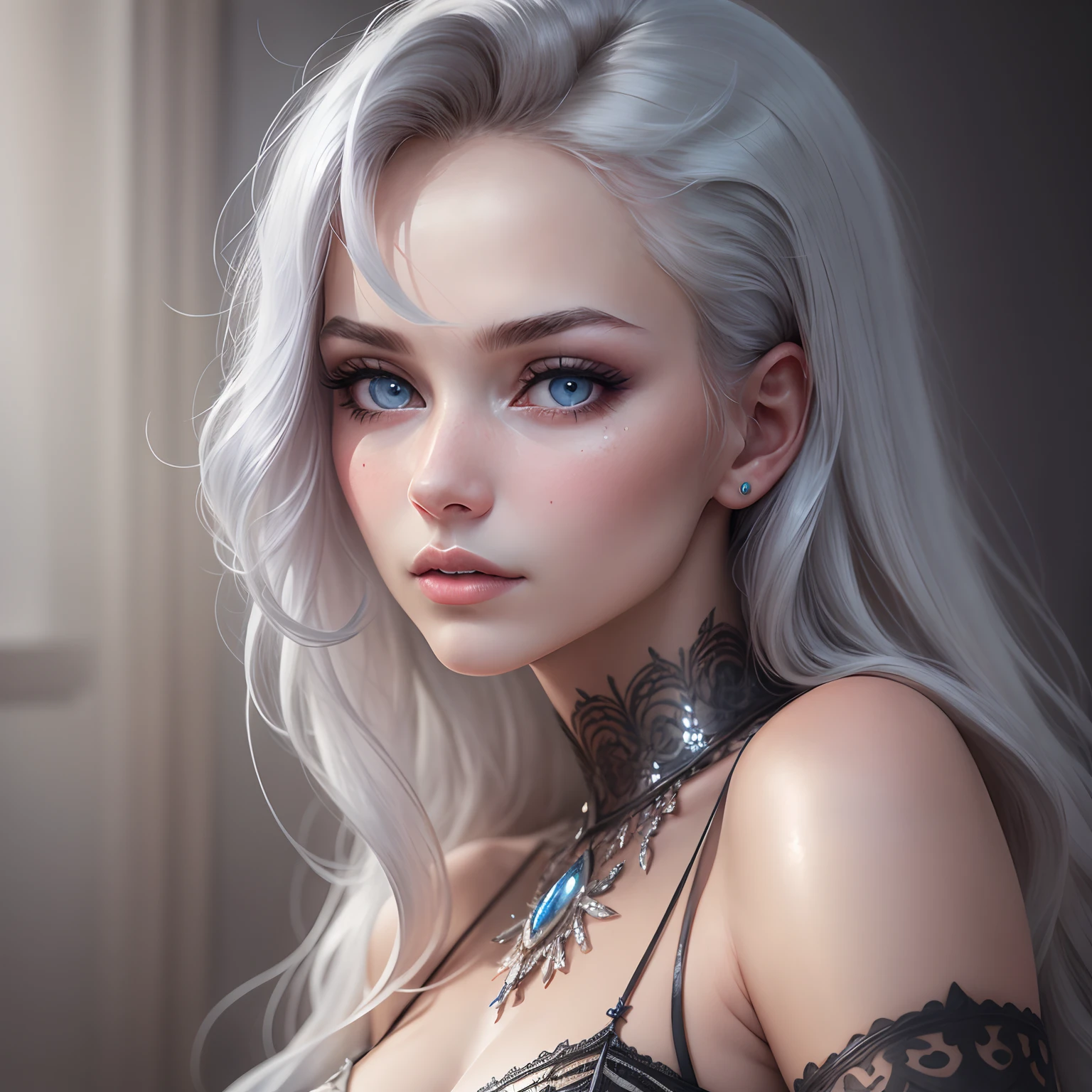 young black woman, medium breasts, long silver hair, sitting on a castle bed, green eyes, wet black skin, only underwear, ultra realism, 8k resolution