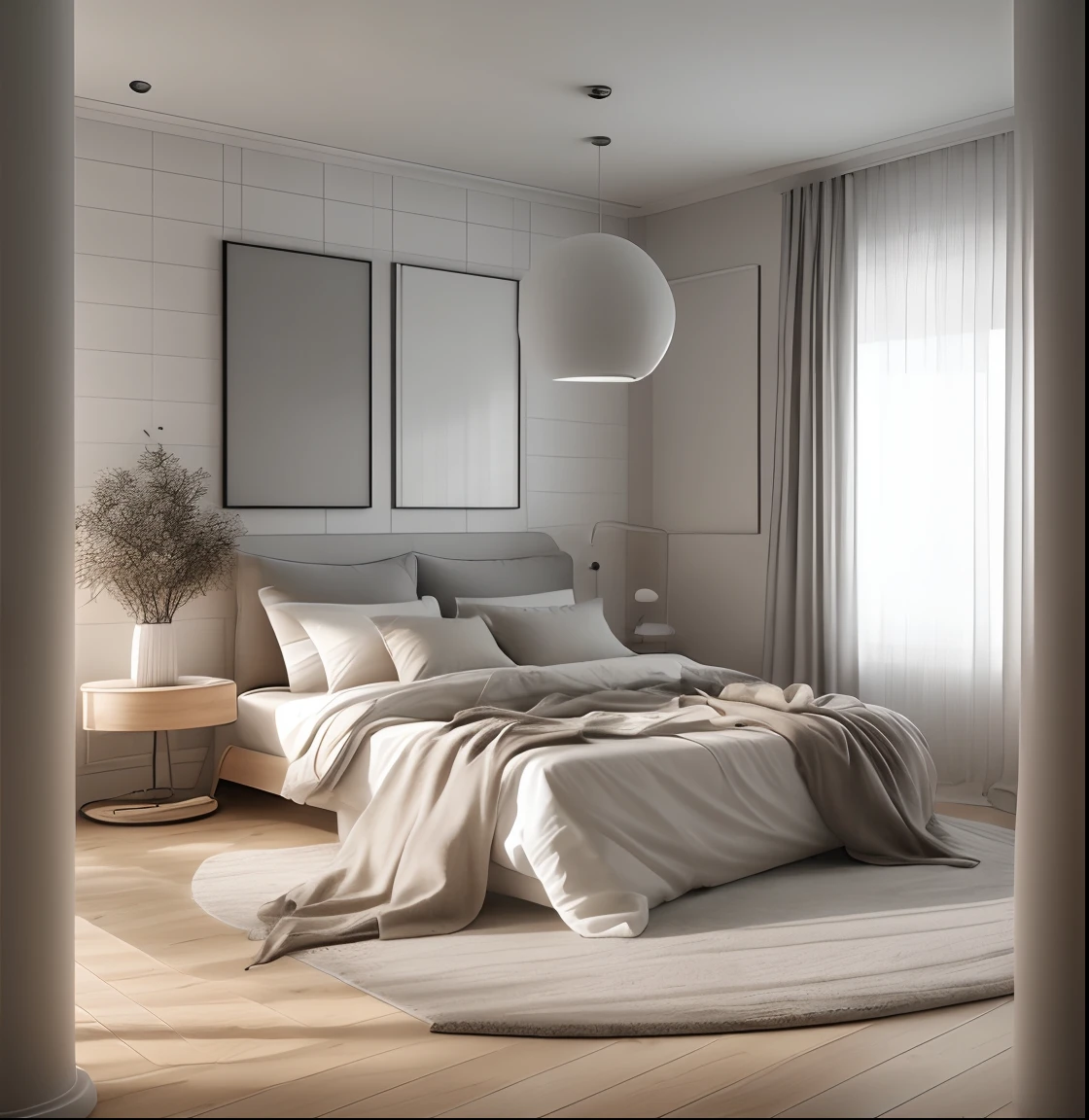 minimalism_bedroom_interior,indoor lighting, white ceilling, wood floor, white and smoky gray color scheme, lamp lighting,
