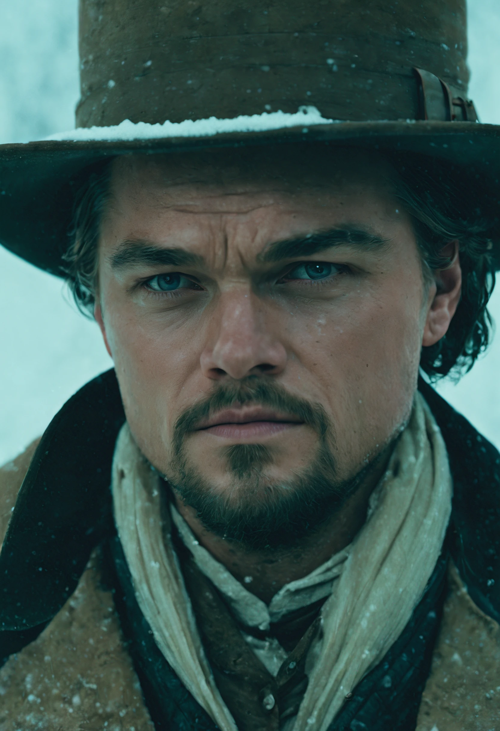 closeup cinematic still of Leonardo DiCaprio , in a hat and jacket outside in the snow, shoulder length hair, perfect eyes, detailed face, gangs of new york movie, inspired by Anson Maddocks, analog