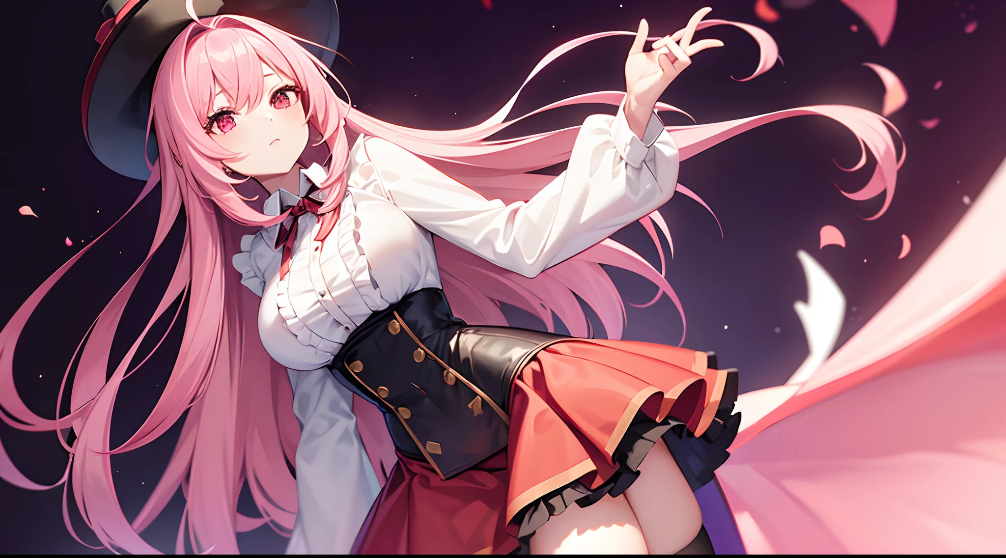 1 girl, game CG, frilled white shirt, short red skirt, cloak, top hat, neck ribbon, gigantic breasts, pink hair, long hair, straight hair, ahoge, pink eyes, Halloween background,