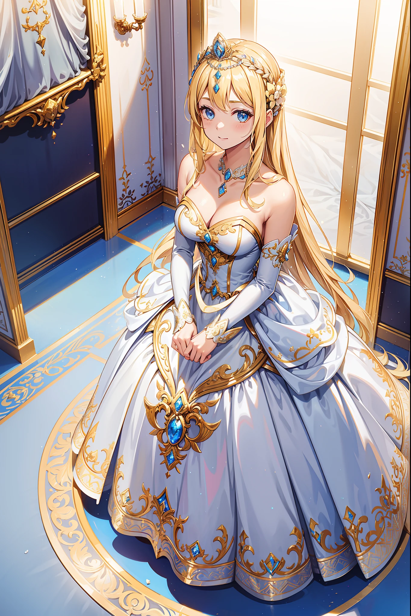 teens girl，divino，Enchanted，Enchanted，blond hairbl，having fun，Being in love，White and yellow princess dress，Silver crown，intricate detailed clothes，(Diamond decoration)，Royal motif，swim wears，inside in room，(Shine:1.2), (Best quality), (Masterpiece:1.2)，Beautiful detailed face