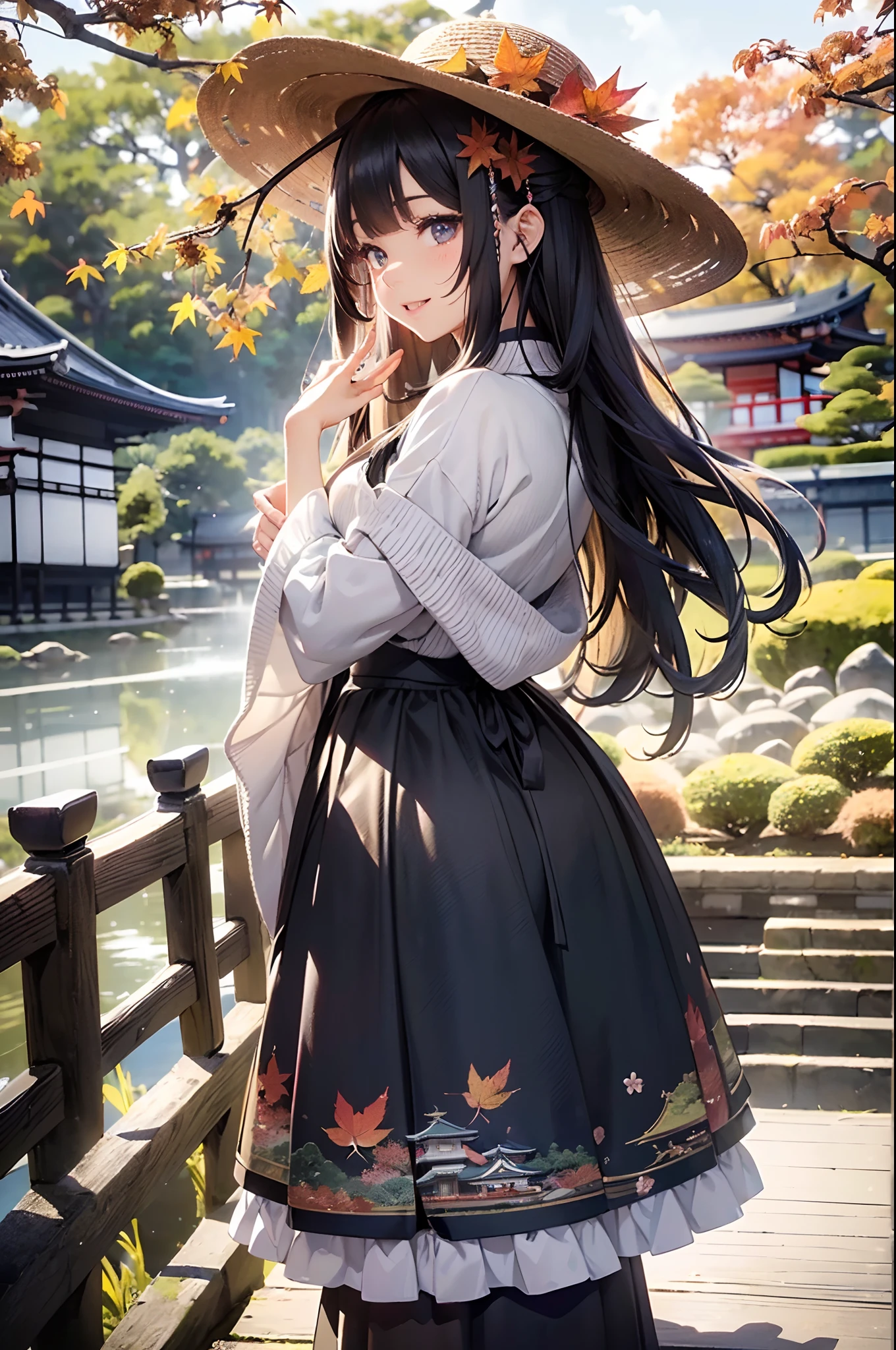 (Official art、Best Quality、Unity 8k Wallpapers、32K、masterpiece、ultra-detailliert、超A high resolution、realisitic、Photorealsitic:1.2)、(Cinematic lighting:1.2)、Fireglow effect、film grains、Best Shadows、Rim lighting、side lights、(Ultra-detailed and complex 3D rendering)、Detailed beautiful face and eyes、(Full body:1.2)、(sideshot、Looking away:1.2)、(Mystical)、Highly detailed background、beauitful face、blurry backround、(super detailed skin、detailed skin textures:1.3)、(Kikoyo、Colored leaves、Autumn landscape:1.2)、cowboy shot、Sharp pupils、Realistic pupils、shinny skin、beauitful face、blurry backround、20-year-old beauty、Beautiful shiny black hair、Longhaire、Gray eyes、Hats、Smile with open mouth、Maxi skirt with a floral pattern、beauty legs、Knitted tops、foco nítido、(kyoto、Kinkakuji Temple:1.2)、In the morning fog