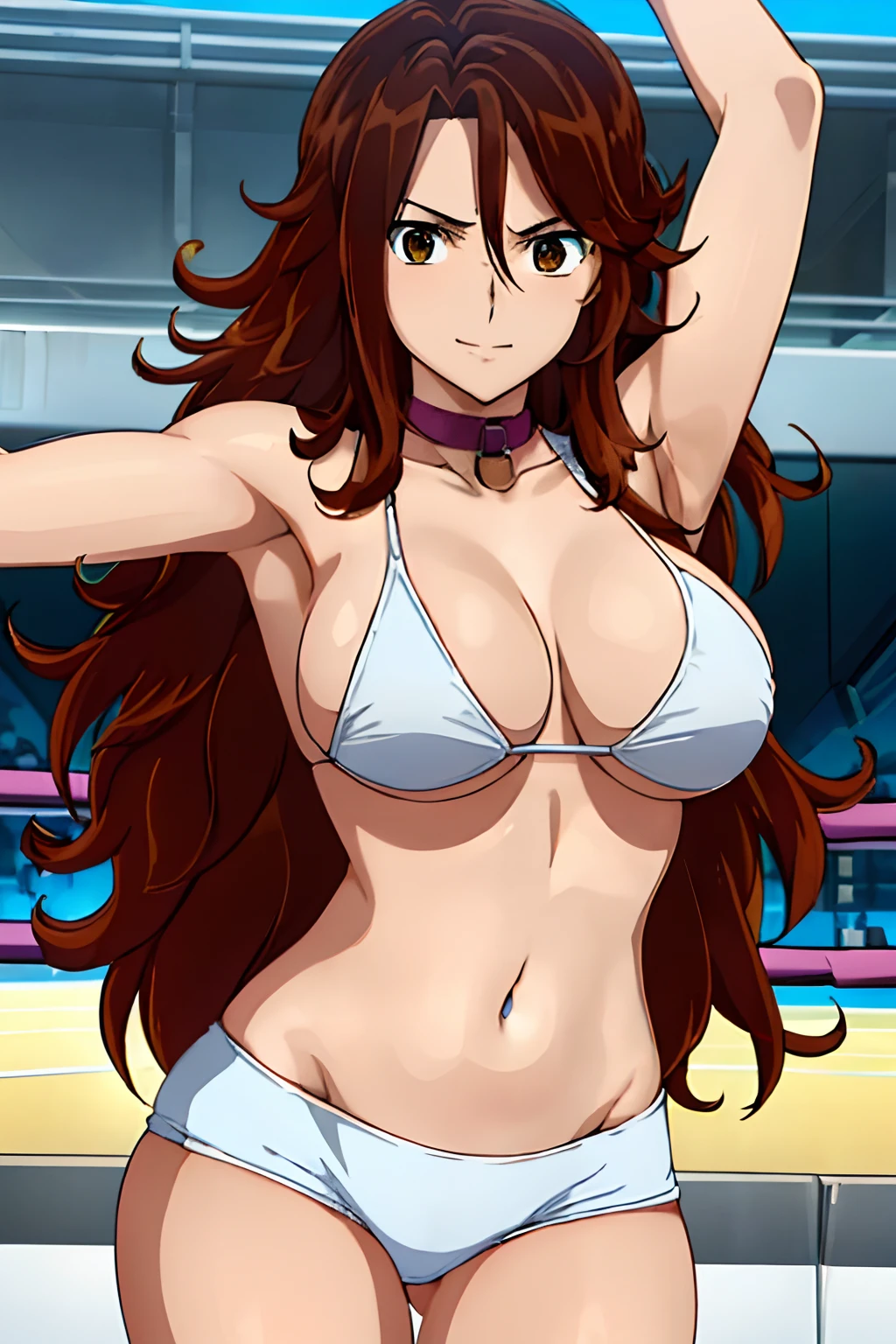 selfie shot, upper body view, anime style: 1.8, anime drawing, ultra detailed face, ultra detailed body, 4k, Sumergai Lee Noriega, (standing groggily), best quality, anime style, hires, highest definition, digital blending, bold drawing lines, ((slender body, (female wrestler)), (location: wrestling arena, crowds watching), (strong, tall, broad shoulders, , biceps, thighs), ((white micro bikini, shorts, groin, white boots, , collar)), victorious, winner, smile, , (big breasts), (big eyes, brown eyes), (warming up), (brown hair, loose hair, curly hair, wavy hair, long hair, missy hair), 27 years old, (show both armpits, closed fists)