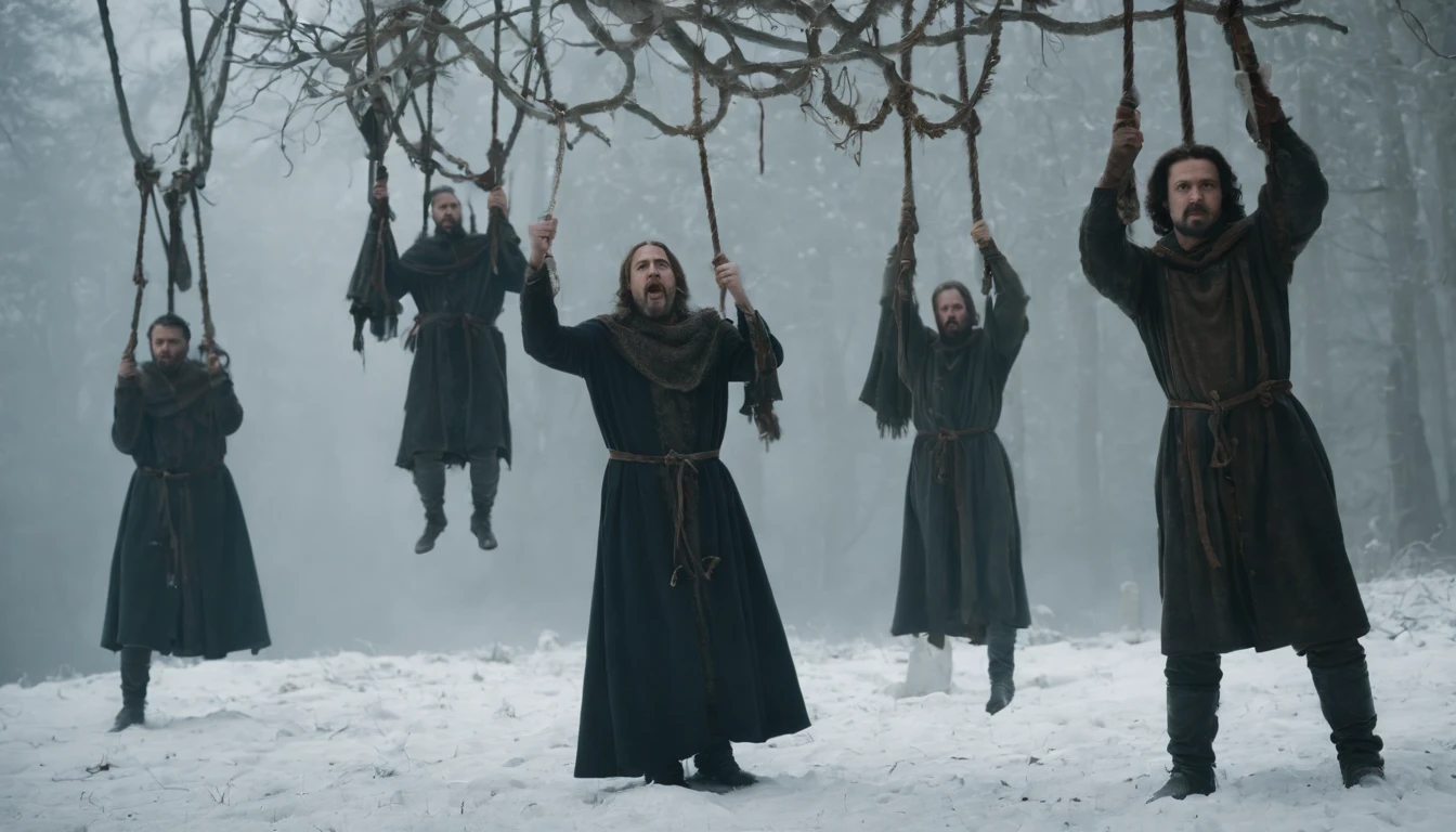 medieval Hungary, three mens bodies hanging from a tree with nooses tied around their necks, night, snow, forest, gothic, eerie, scary, cinematic scene from film