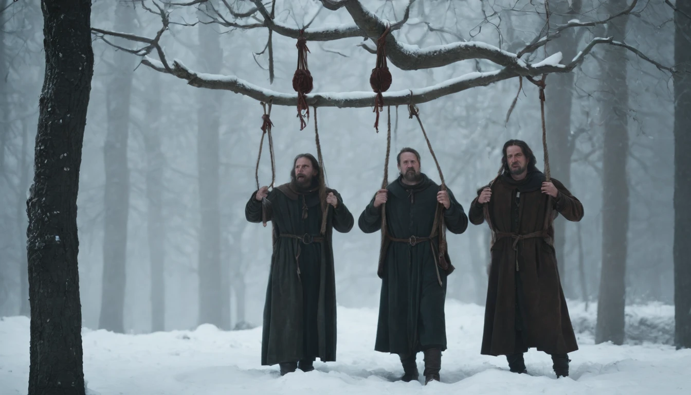 three medieval bodies hanging from trees by ropes in the snow, night, darkness, winter, eerie, mysterious, cinematic, cinematic scene from film, 8k, photorealistic, scary, morbid