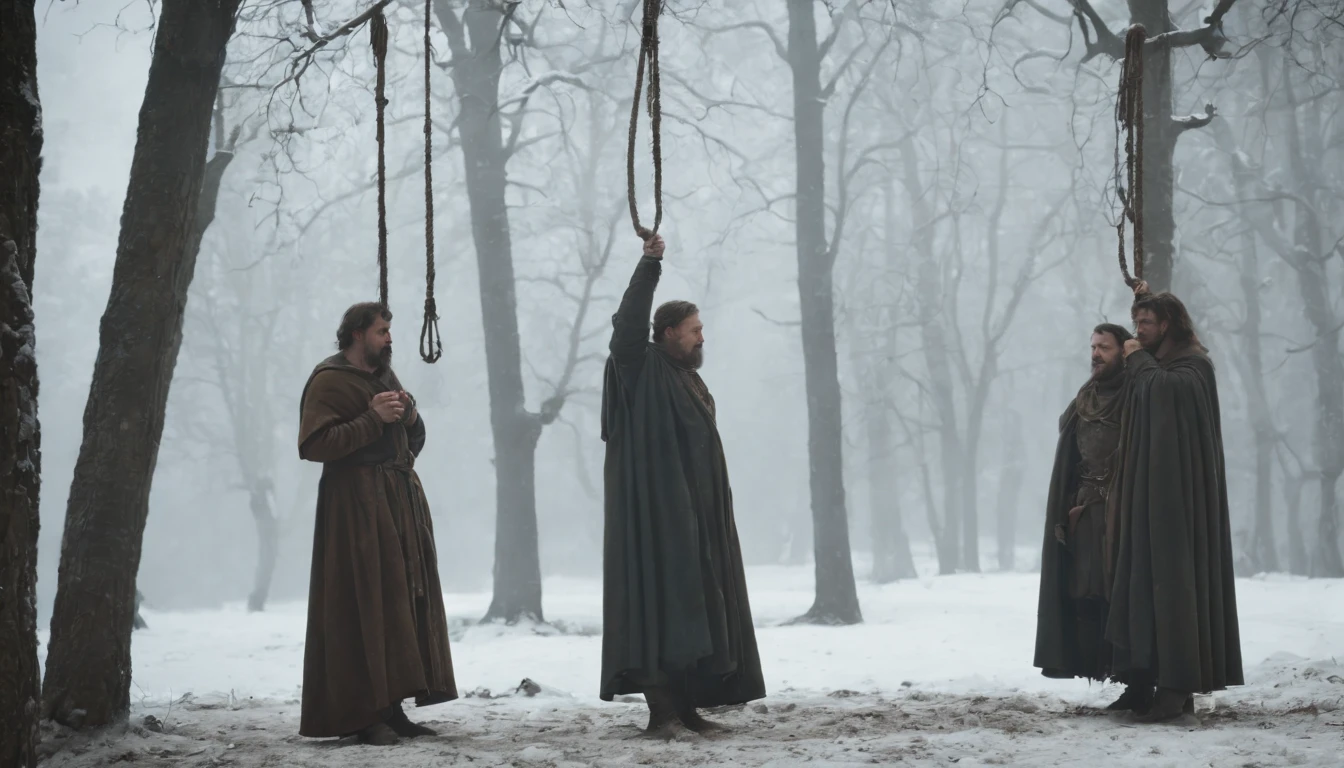 medieval Hungary, three mens bodies hanging from a tree with nooses tied around their necks, night, snow, forest, gothic, eerie, scary, cinematic scene from film