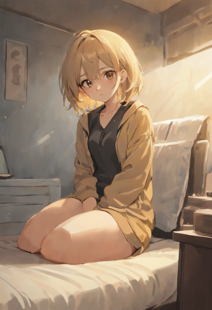 1girll,age 22,Flaxen hair,short detailed hair,with brown eye,Medium-sized chest,whitet-shirt,Black jacket,Black cropped pants,White sneakers,inside bedroom,Sitting on the bedside,Best quality at best
