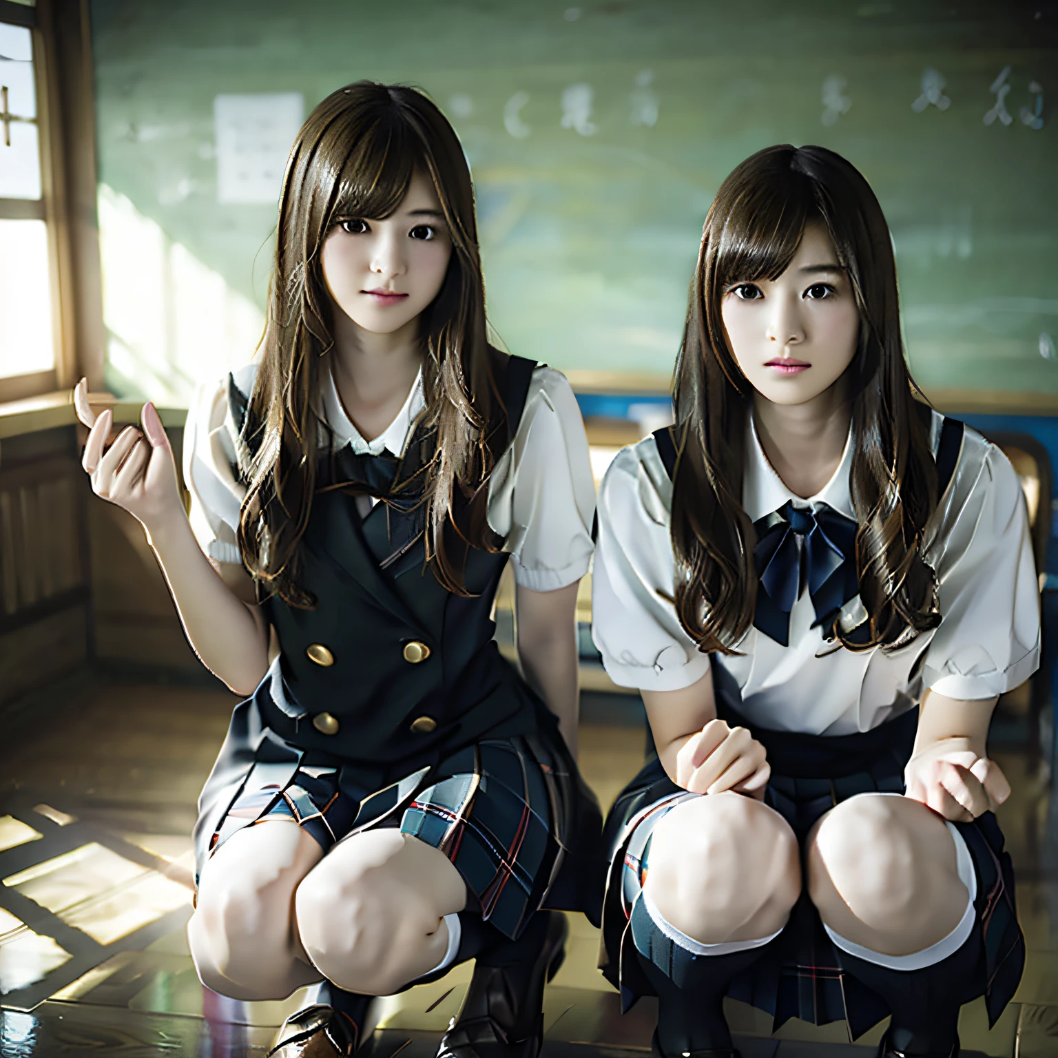 2 girls in、Put your hands on your knees、二重まぶた、Perfect fingers、perfectly proportions、Colossal tits、Lashes、heels on the ground、beatiful detailed eyes、ultra-detailliert、hight resolution、Transcendent beauty、top-quality、masterpiece、((Japanese girls' high school uniform))、Very detailed expression、school classrooms、Highly detailed appearance、a 18 year old girl、front facing、(((dynamicposes)))、Sexy upper eyes、low angles、Plaid uniform skirt、