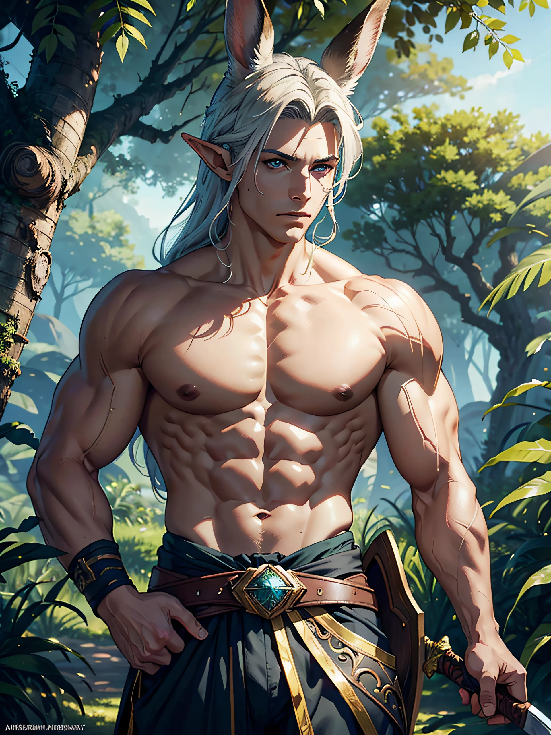 Top Quality, Photorealistic, 8K, High Definition, absurd res, high res, ultra sharp, masterpiece, (masterpiece), best quality, expressive eyes, perfect face, Super eyes, masterpiece, a close up of a muscular male on a tree branch with a sword, highly detailed exquisite fanart, male viera, epic fantasy digital art style, , detailed digital 2d fantasy art, epic exquisite character art, beautiful male elf, male elf ranger, god of the forest,