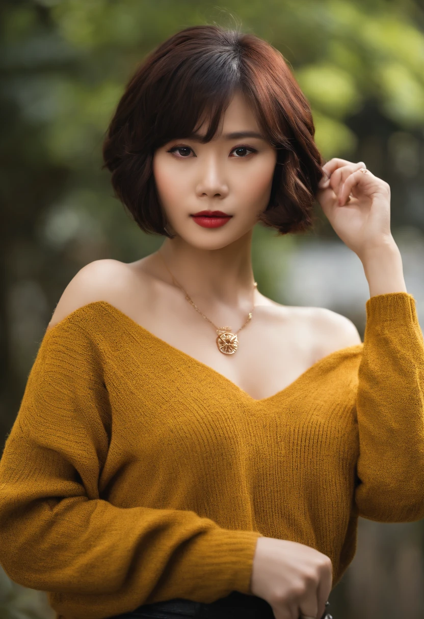 (Best Quality, in 8K, 32K, masutepiece, nffsw:1.2),Photo of Pretty Japanese woman, Large breasts, Very short bob hair,Upper body,(Oversized_Sweaters,:1.1) Necklace, Simple background, looking at around,BDSM