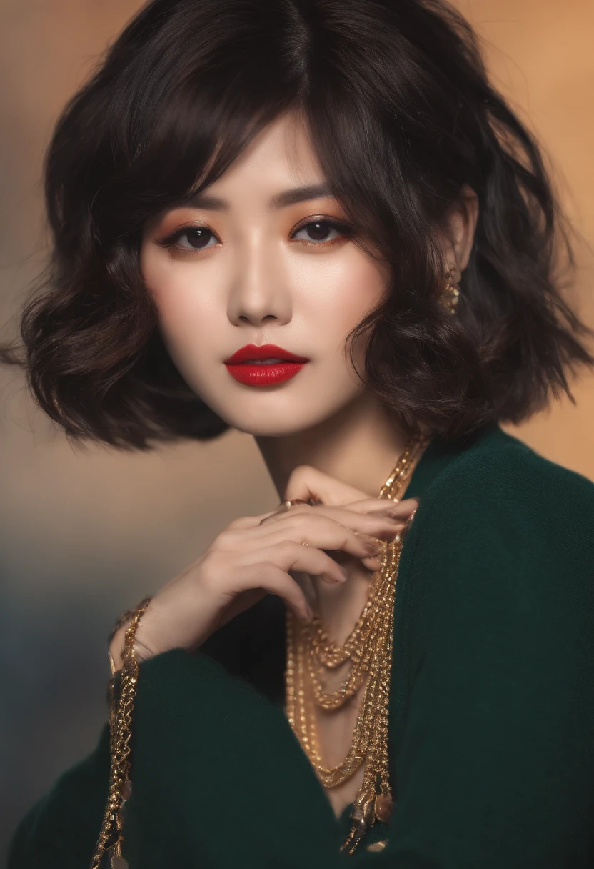 (Best Quality, in 8K, 32K, masutepiece, nffsw:1.2),Photo of Pretty Japanese woman, Large breasts, Very short bob hair,Upper body,(Oversized_Sweaters,:1.1) Necklace, Simple background, looking at around,BDSM