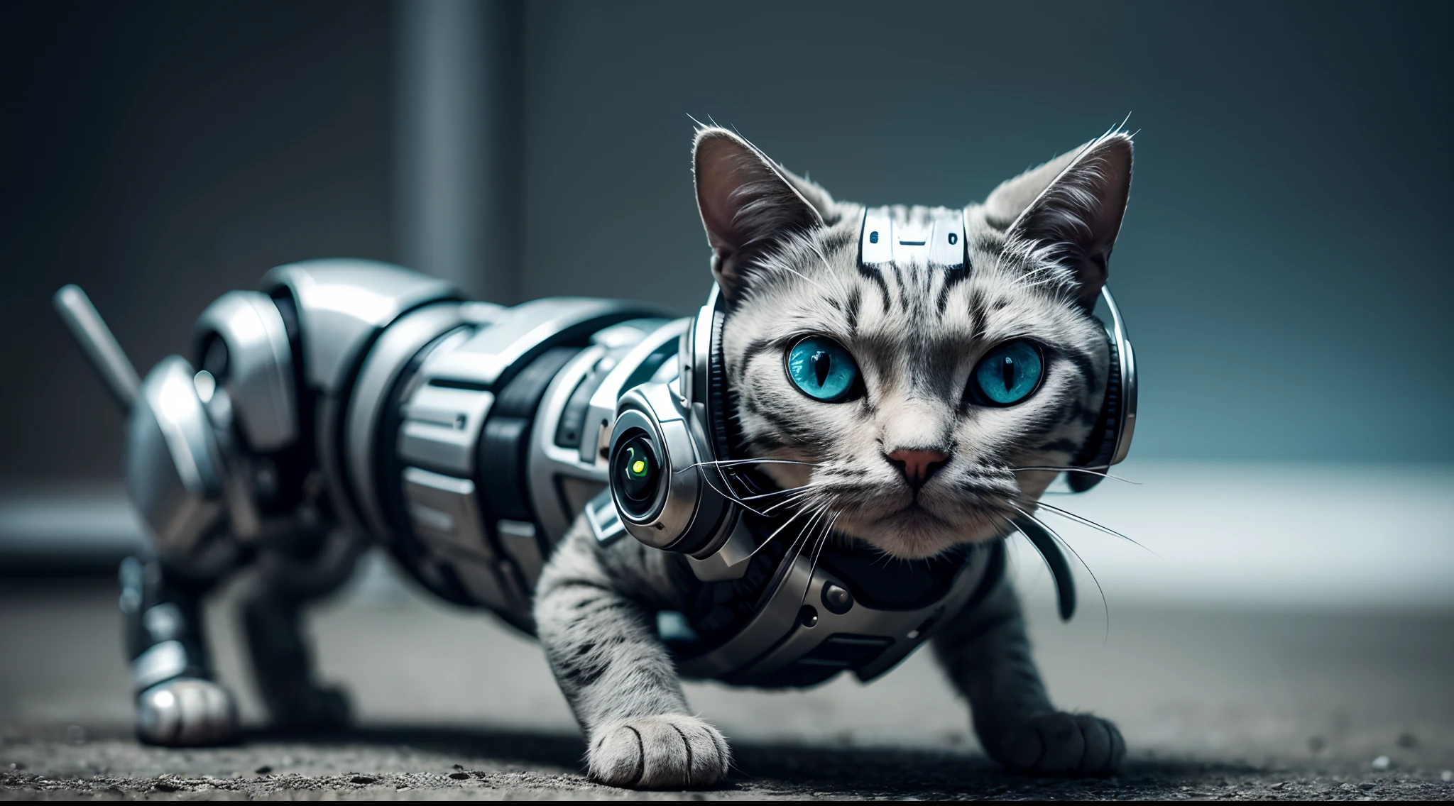 cute cyborg cat, half made of metal