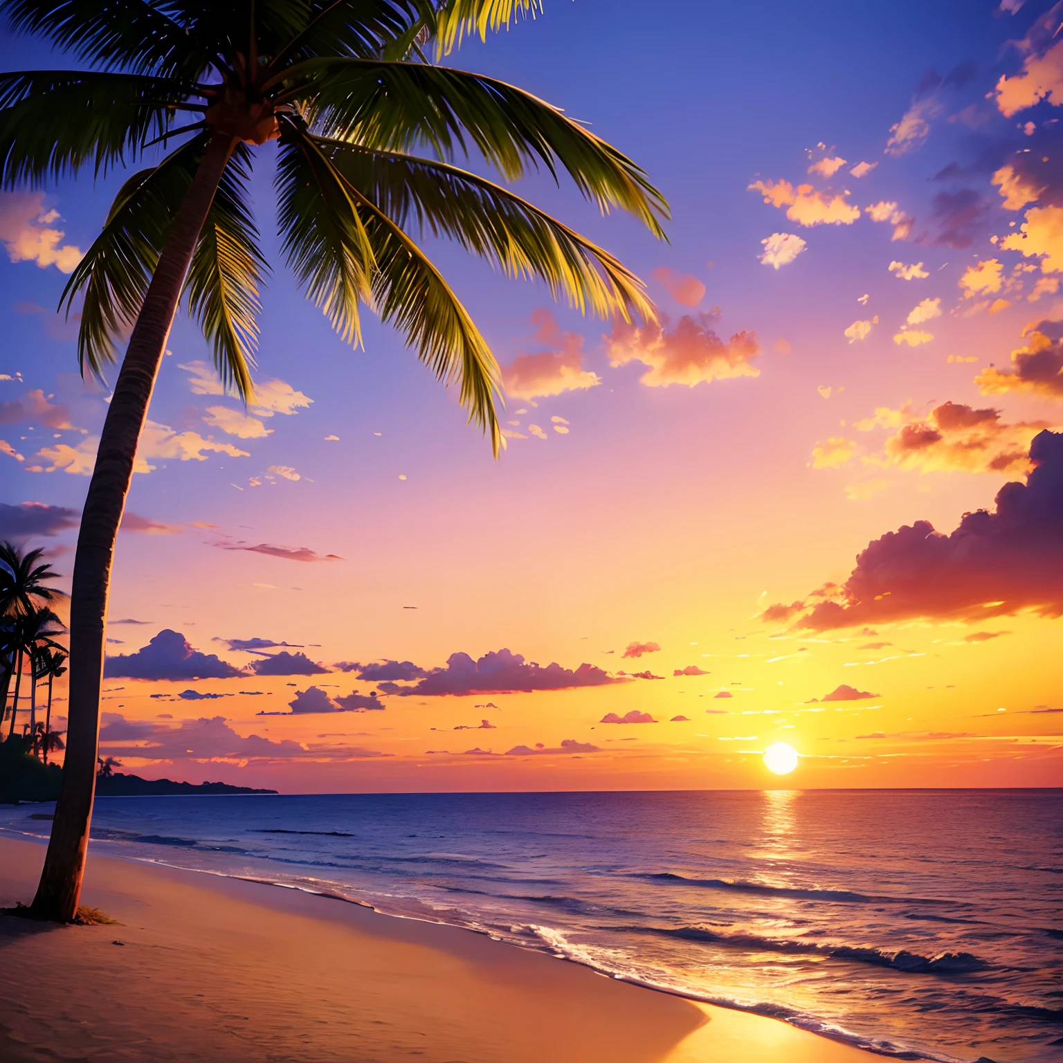 Beach at sunset、Palm trees、Big sunset、Beautiful Landscapes