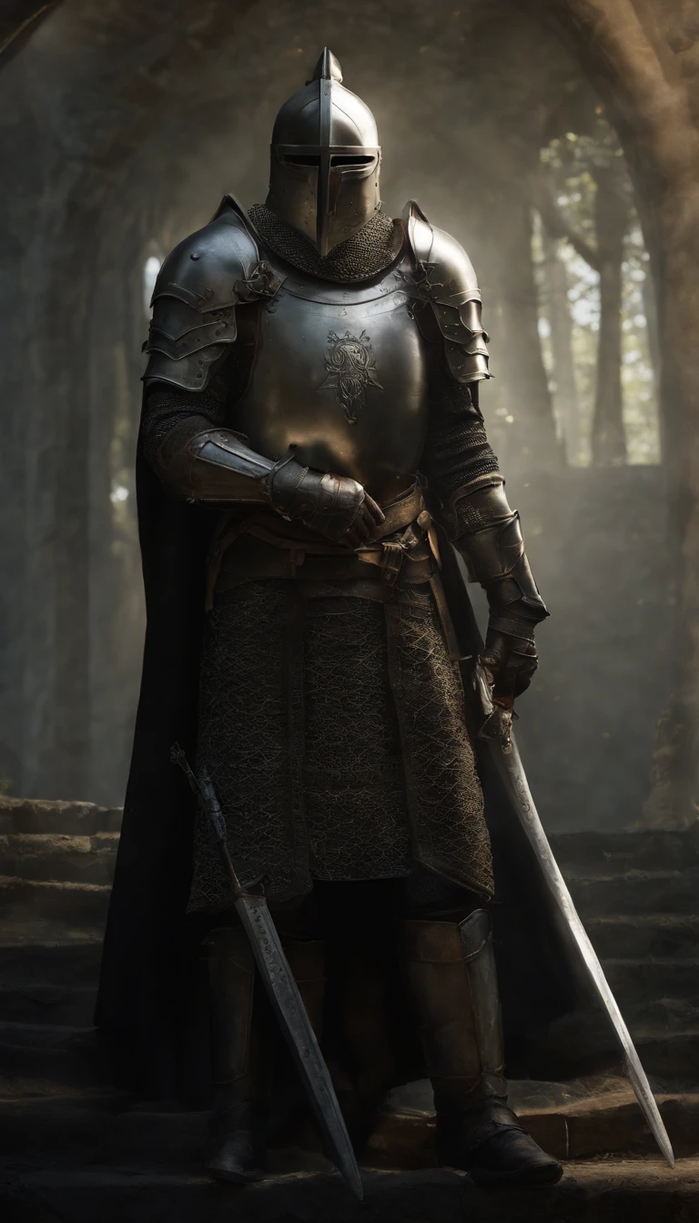 arafed knight in armor with a sword and shield in a dark room, concept art by Adam Marczyński, Artstation contest winner, fantasy art, knight in armor, fantasy knight, full portrait of magical knight, fantasy warrior in full armor, armored warrior, portrait of knight, armoured warrior, armored knight, evil knight, dark souls knight