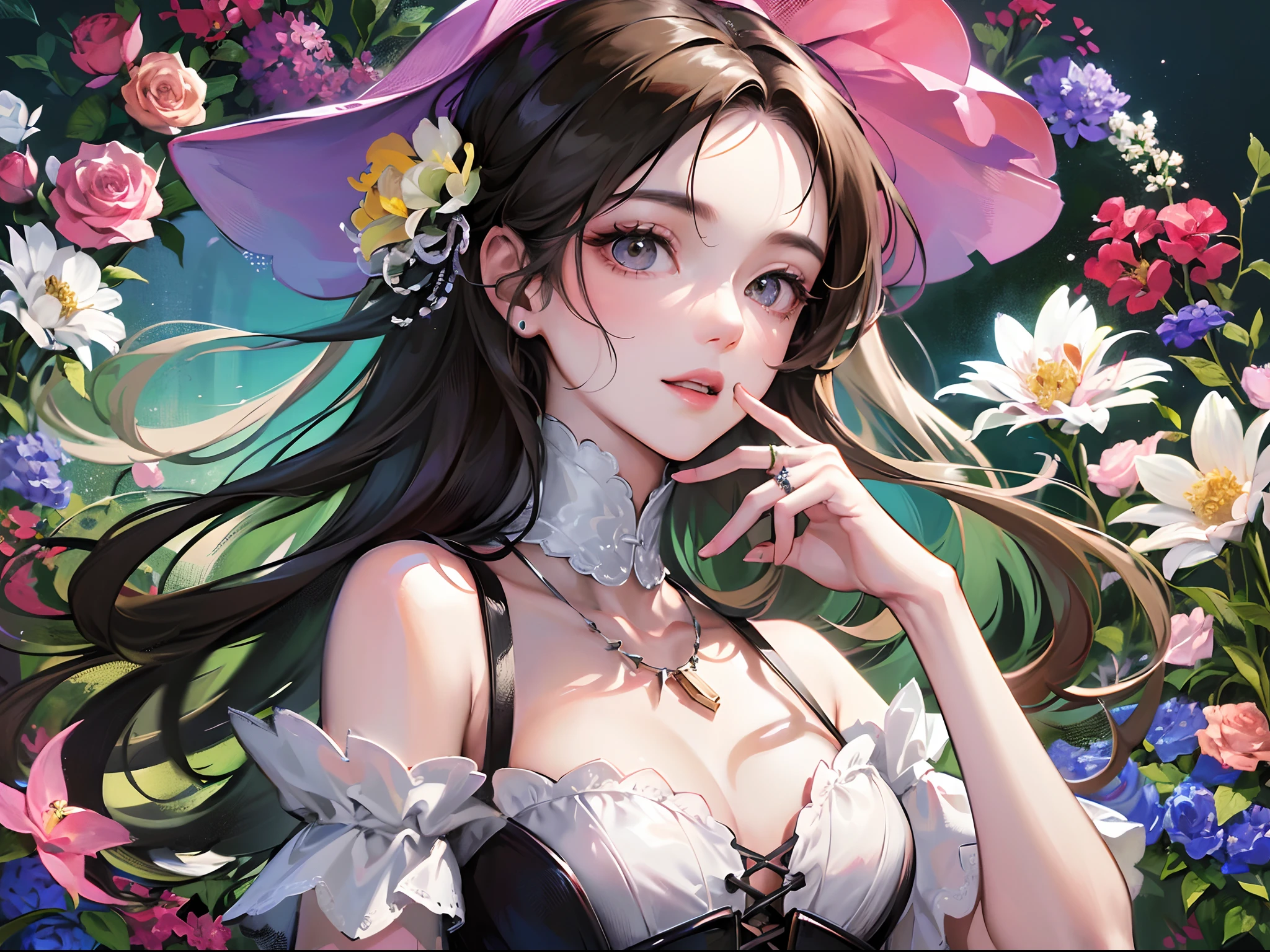 (Finest quality)),(超A high resolution),(ultra-detailliert),(Meticulous portrayal),((best pictures)),(Finest works of art),Ultra-Precision Art,The art of astounding depiction, Fashion art:1.5, Corset Dresses,耳Nipple Ring,a necklace,the ring,Surrounded by flowers,breezing,A slight smil
