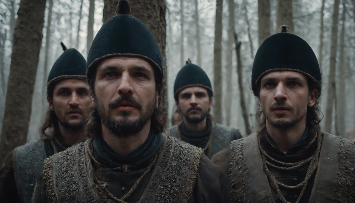 three medieval Ottoman soldiers strung up to trees by ropes around their neck, pained expression, night, forest, snow, eerie, gothic, scary, suspense, mystical, cinematic scene from film