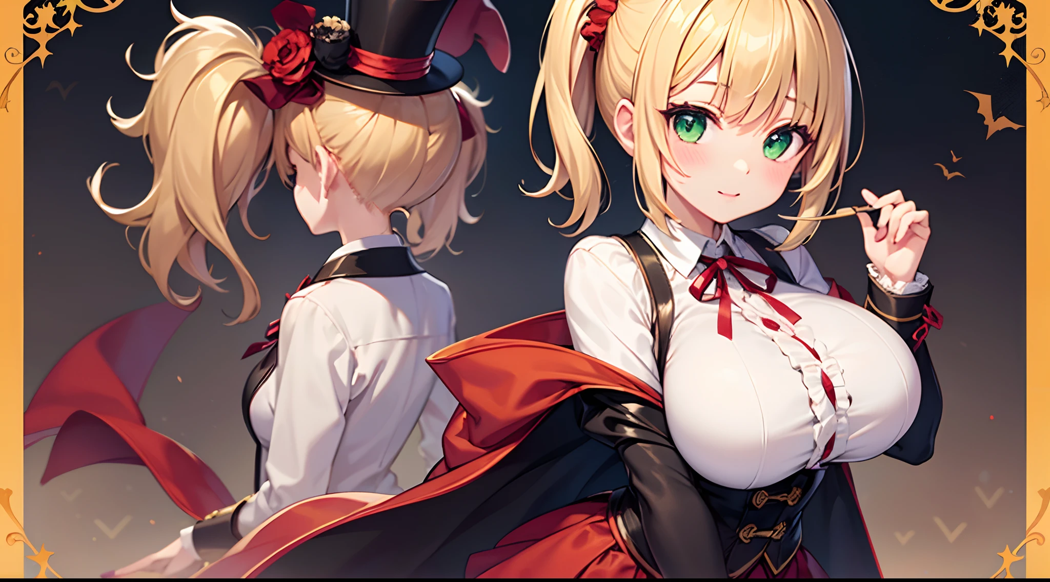 1 girl, game CG, frilled white shirt, short red skirt, cloak, top hat, neck ribbon, hair scrunchie, gigantic breasts, blonde, middle hair, side ponytail, green eyes, Halloween background,
